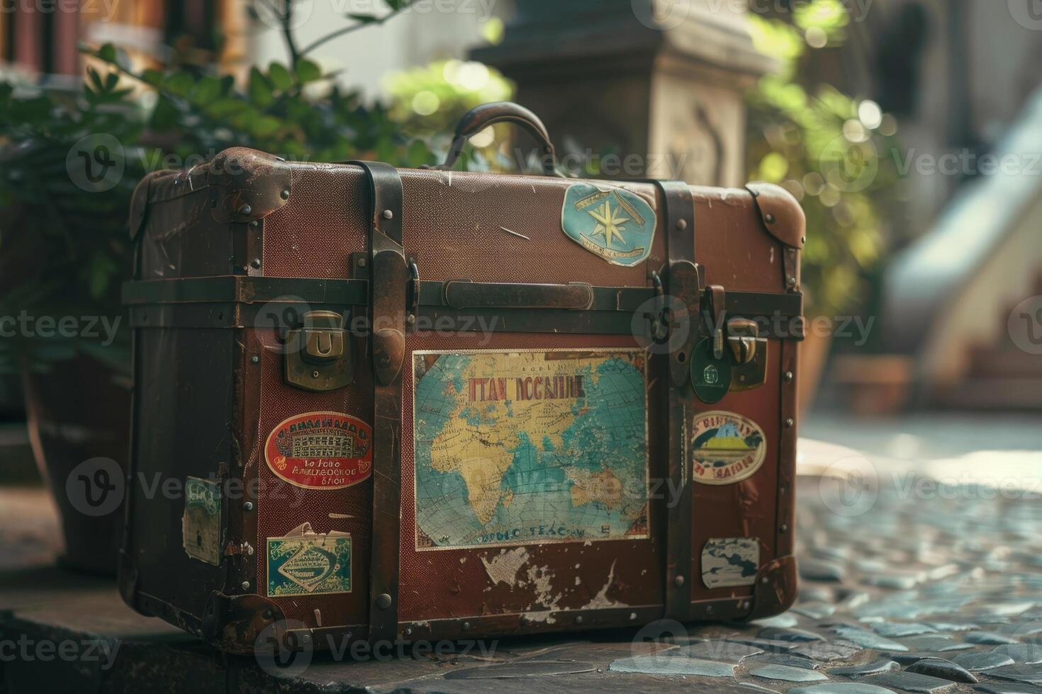An old suitcase sitting on the ground with stickers on it photo