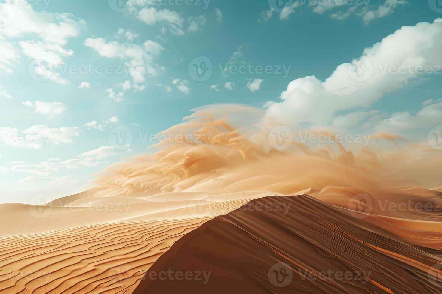 Sand dunes in the desert with sand blowing in the wind photo