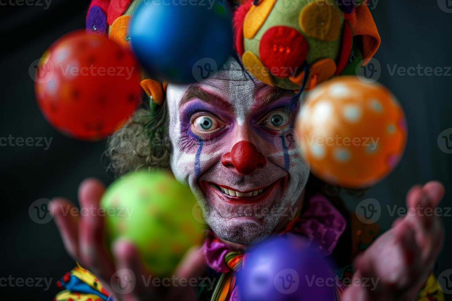 A clown with colorful balloons in his hands photo