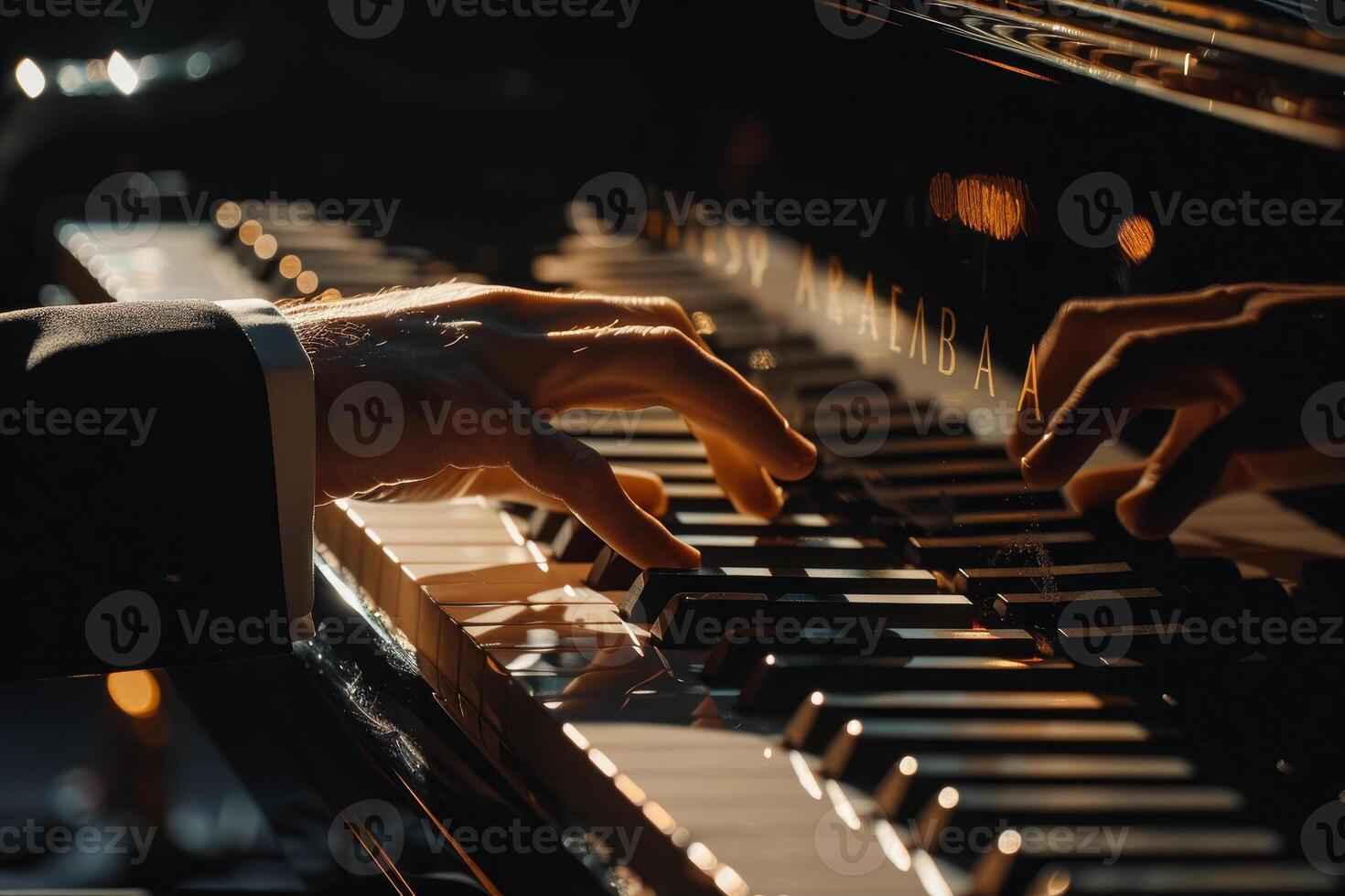 Close up of hands playing piano photo