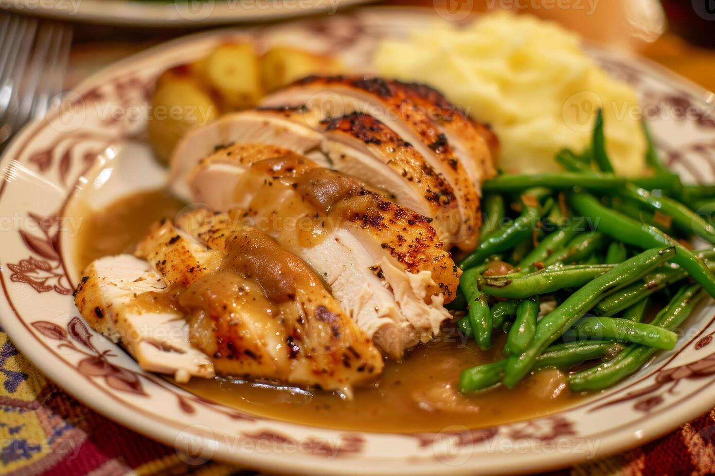 A plate with green beans, potatoes, and a turkey on it photo