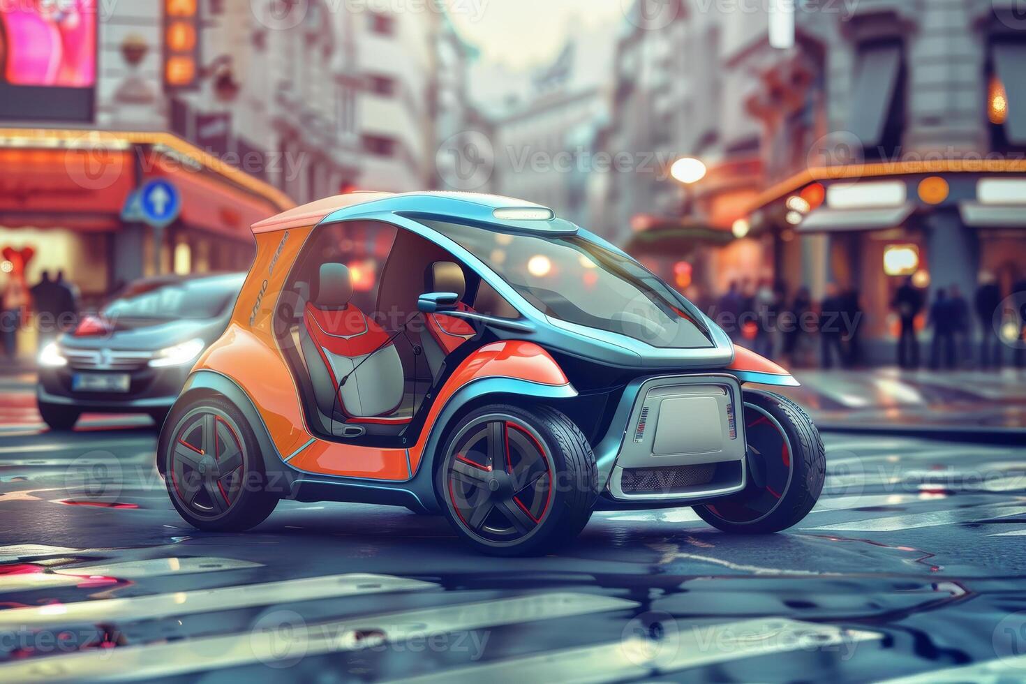A small electric car on the street in the city photo
