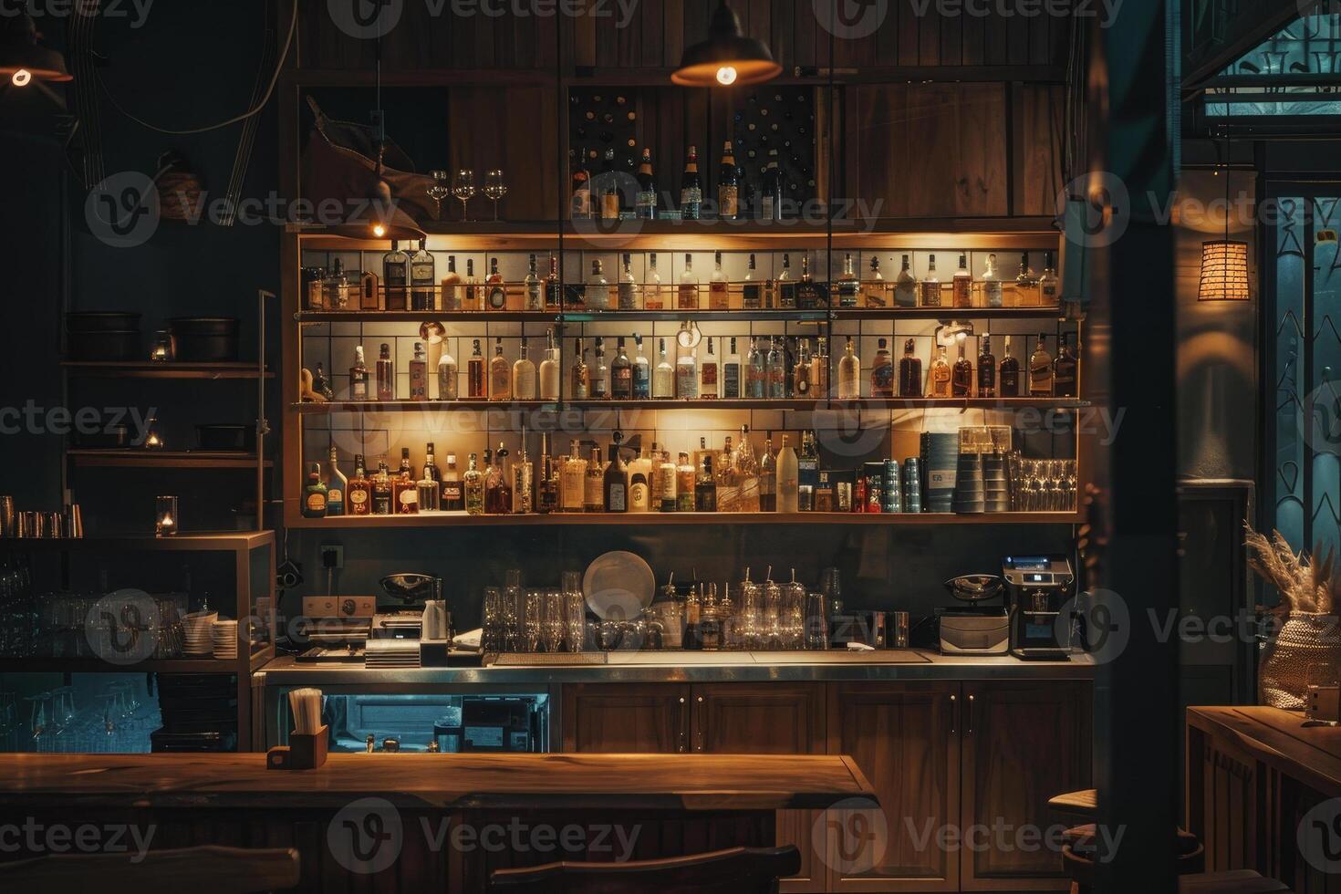 A bar with a lot of bottles on the shelves photo