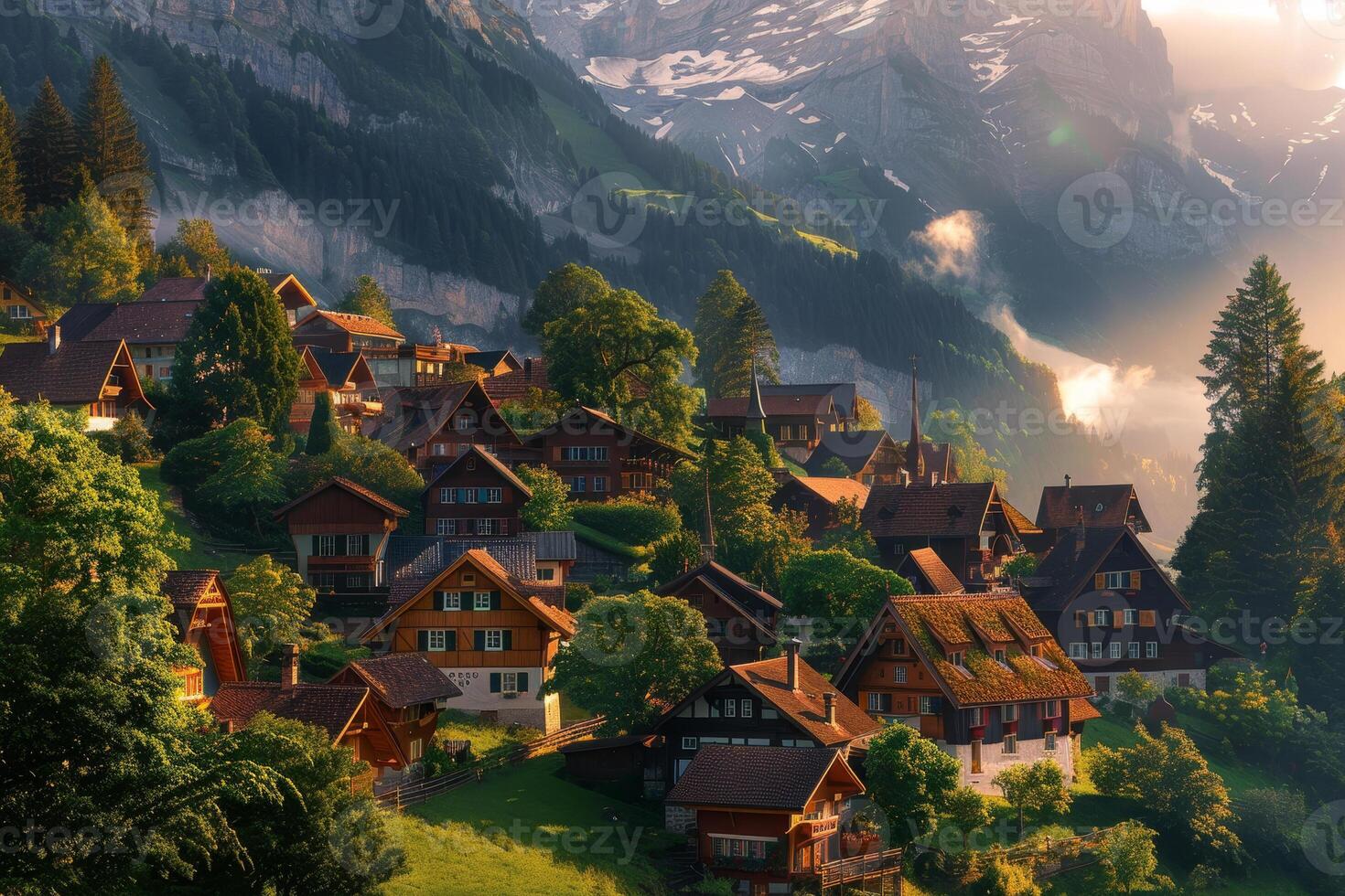 A village in the mountains with a mountain range in the background photo