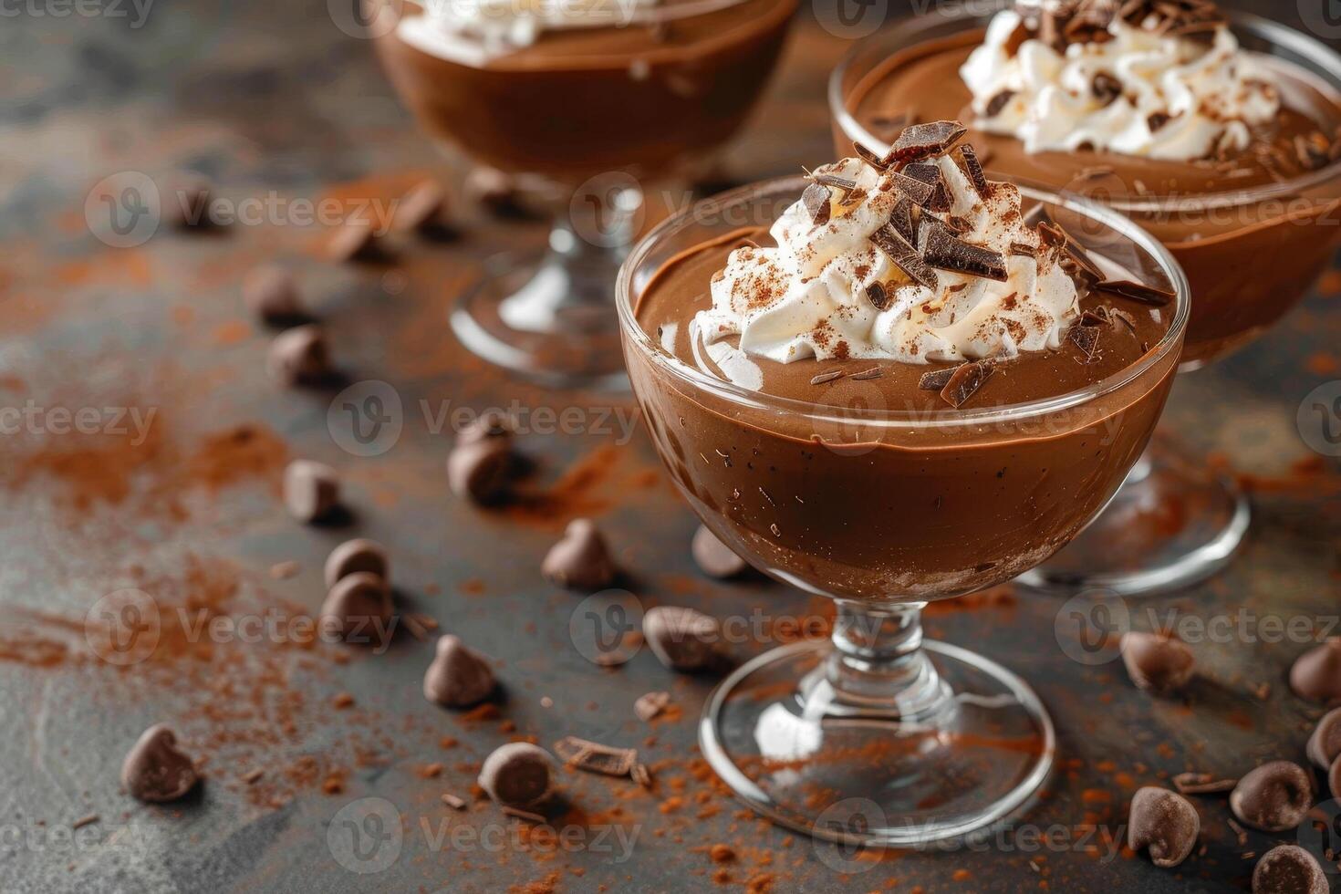 Chocolate pudding in glasses with whipped cream and chocolate chips photo