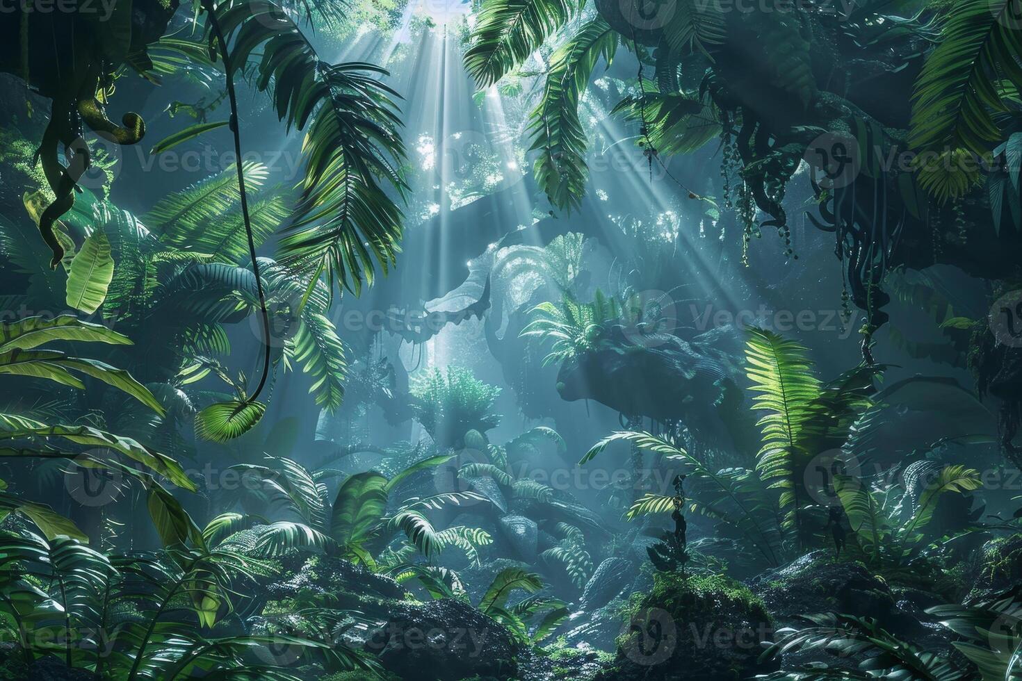 The jungle is filled with plants and trees photo