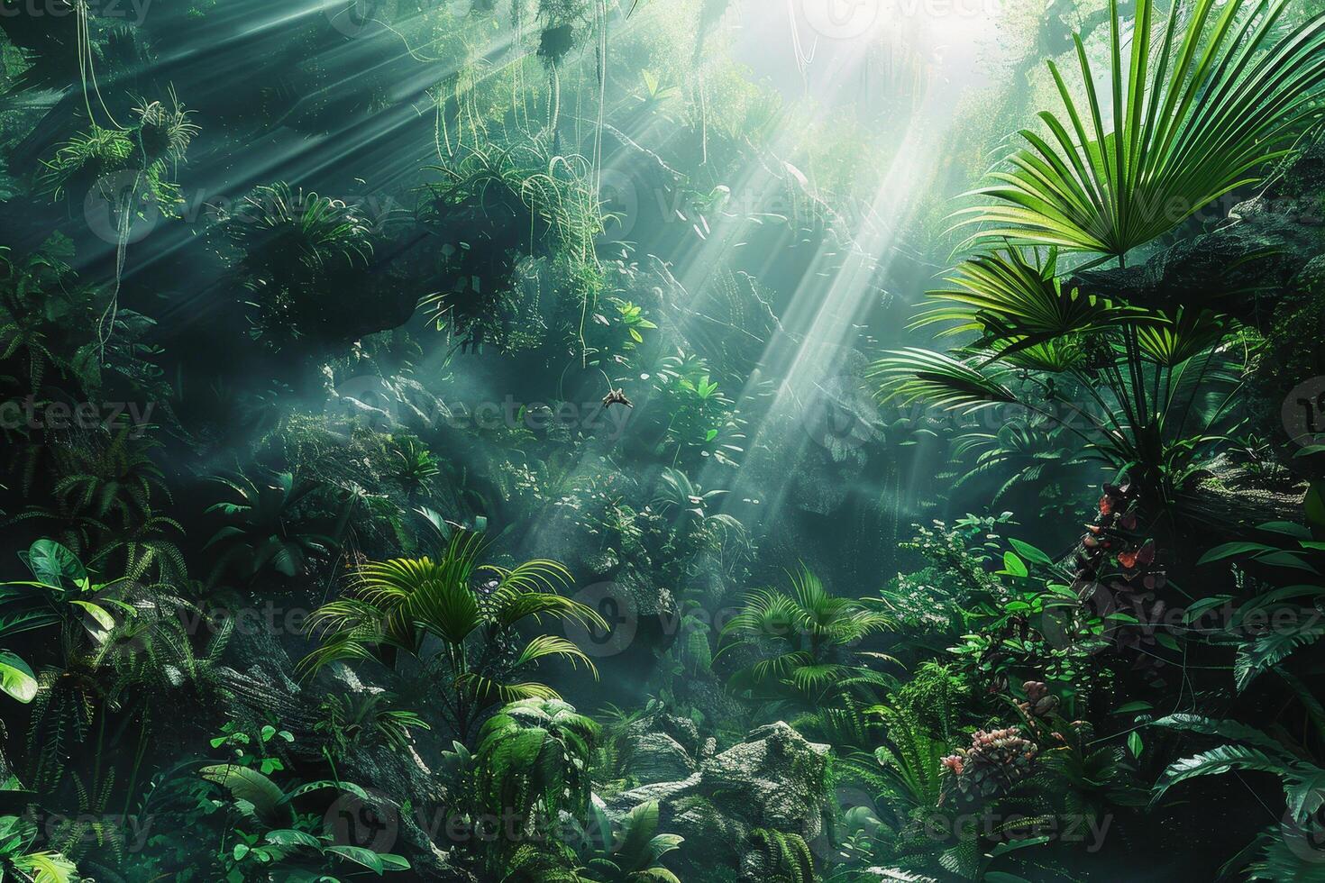 A jungle scene with sunbeams shining through the trees photo