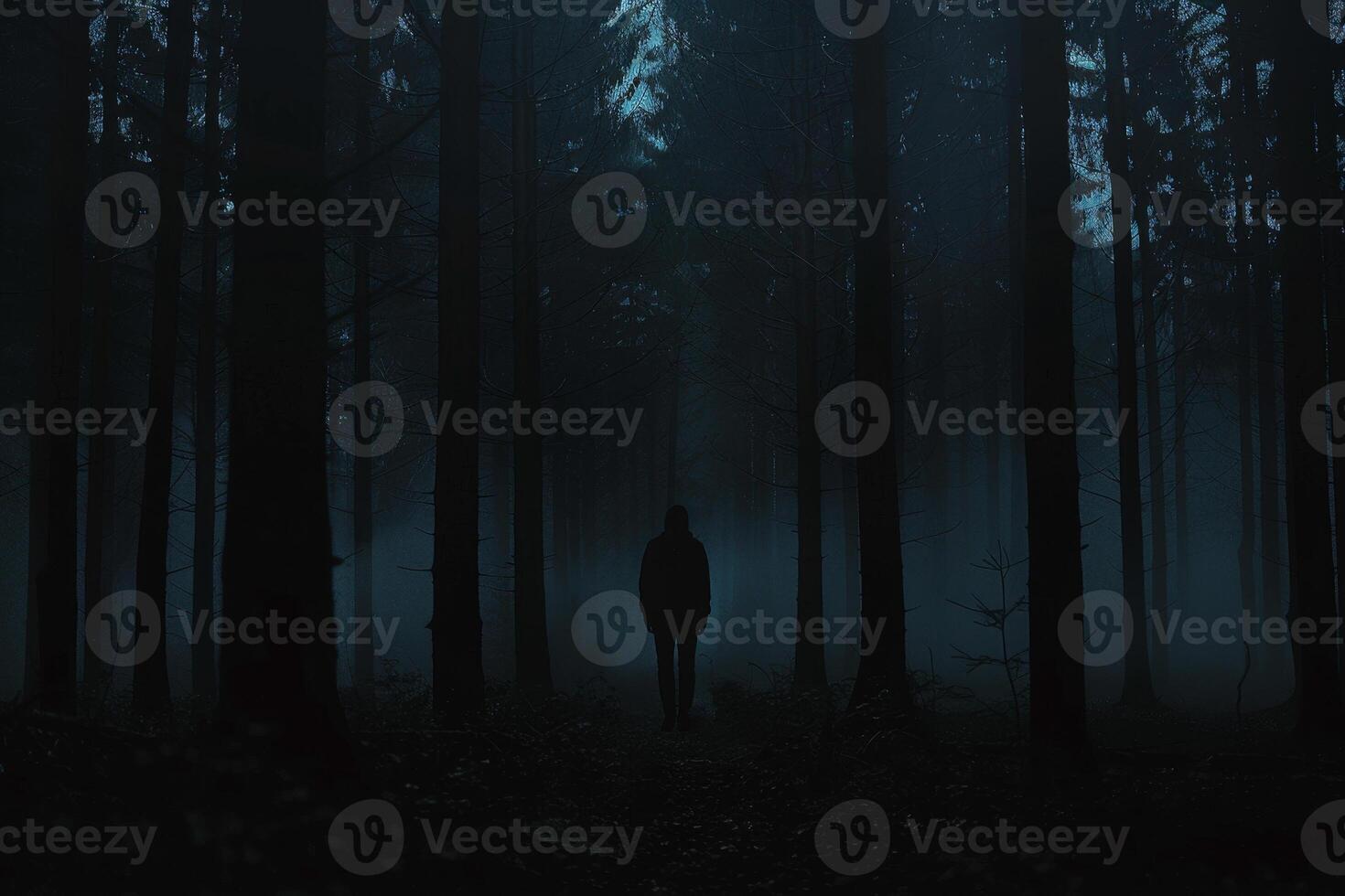 A person standing in the middle of a dark forest photo