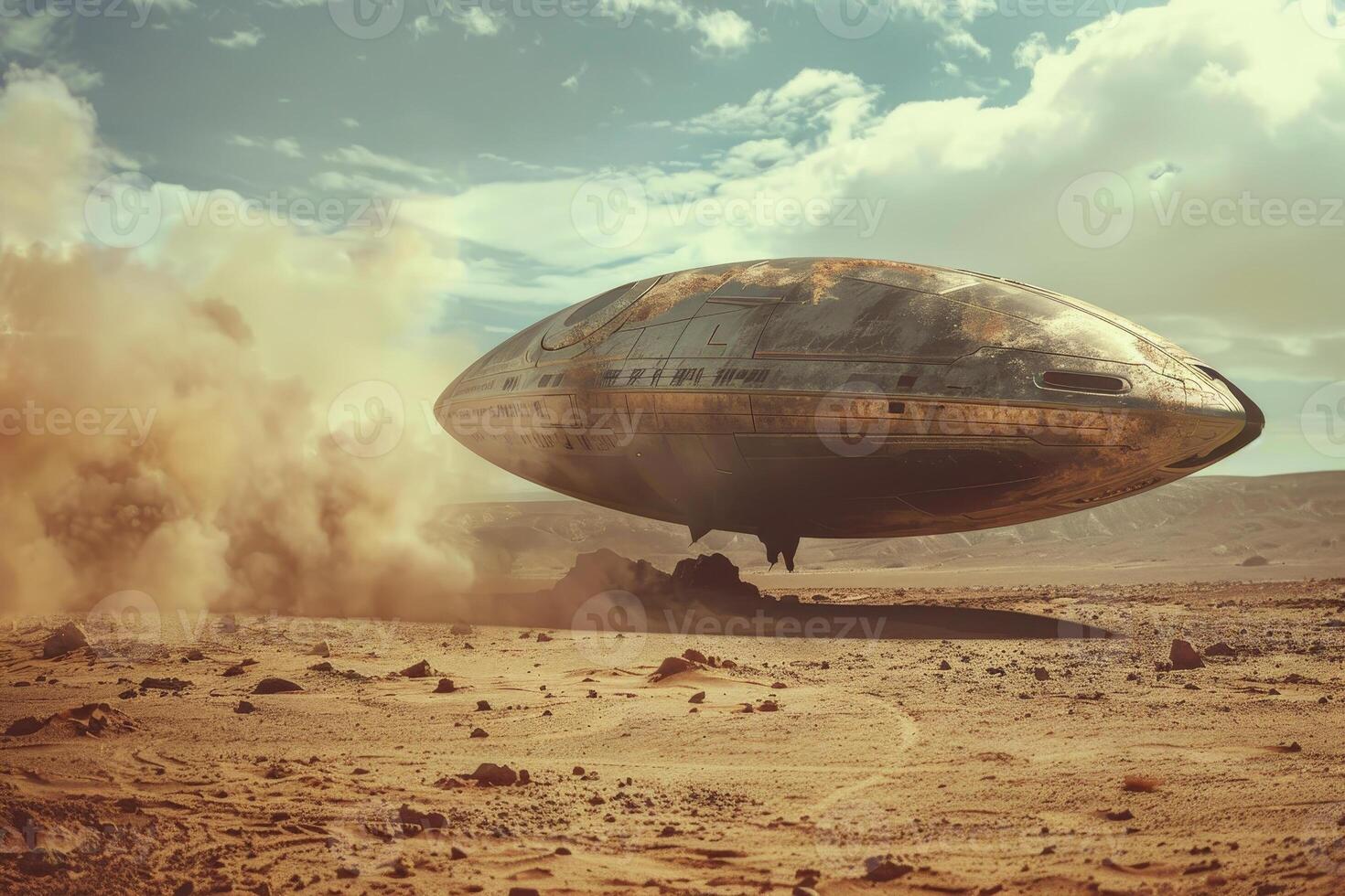 A large silver spaceship is flying through the sky above a desert photo