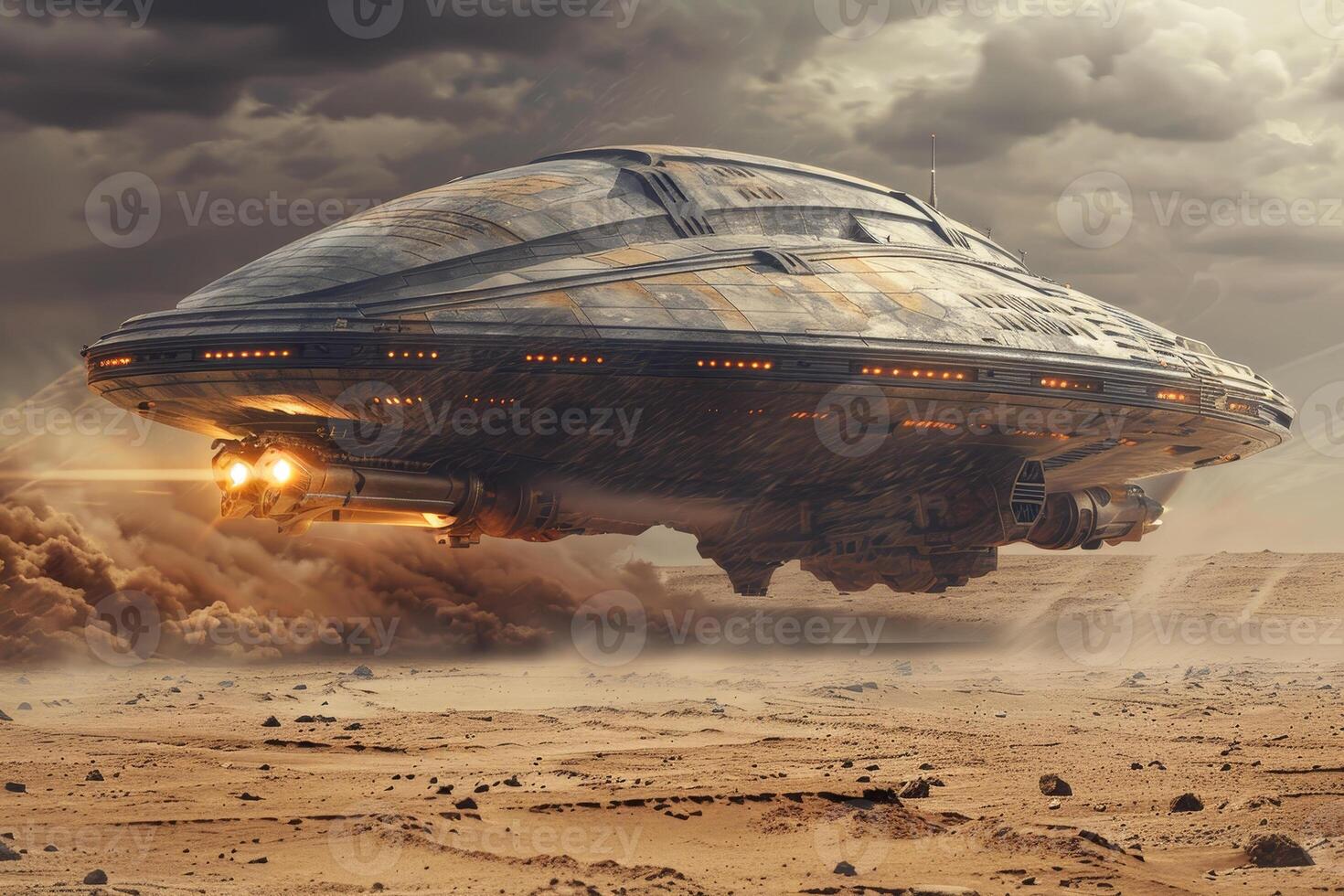 An alien spaceship flying over a desert photo