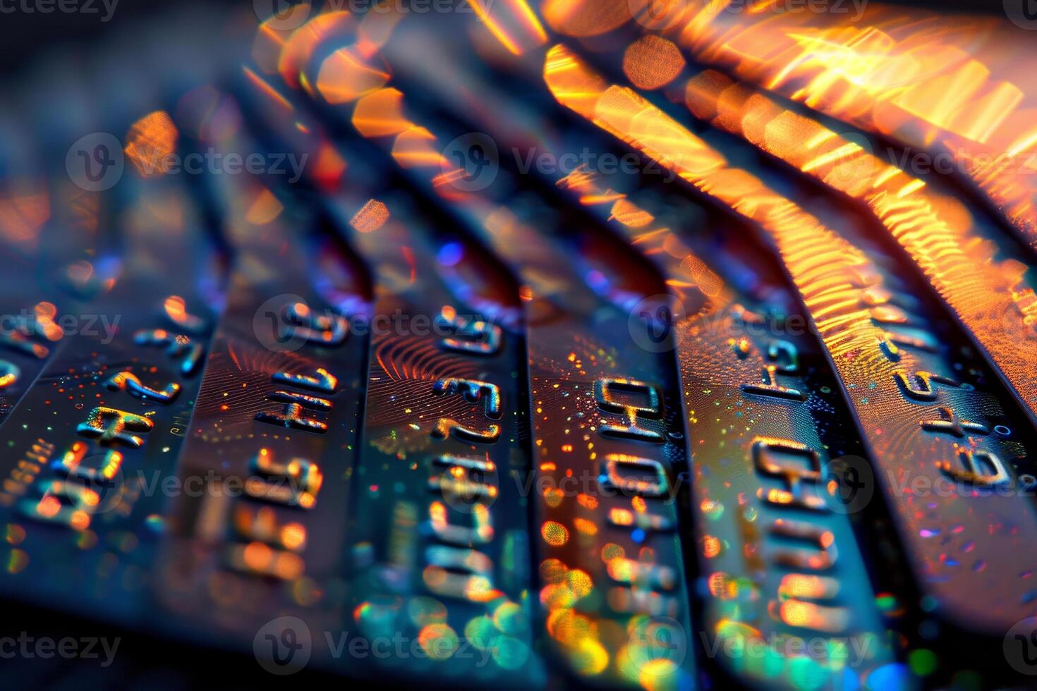 A series of credit cards with a colorful, glittery background photo