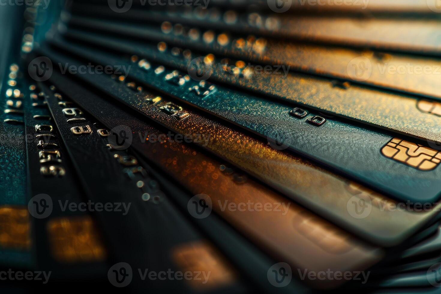 A stack of credit cards with gold and black designs photo