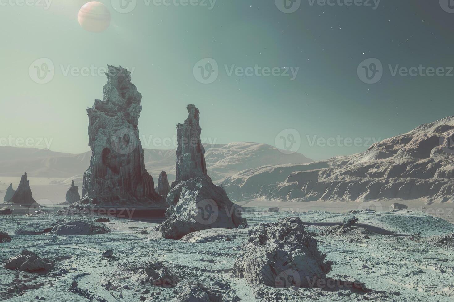A desolate landscape with a large rock formation photo