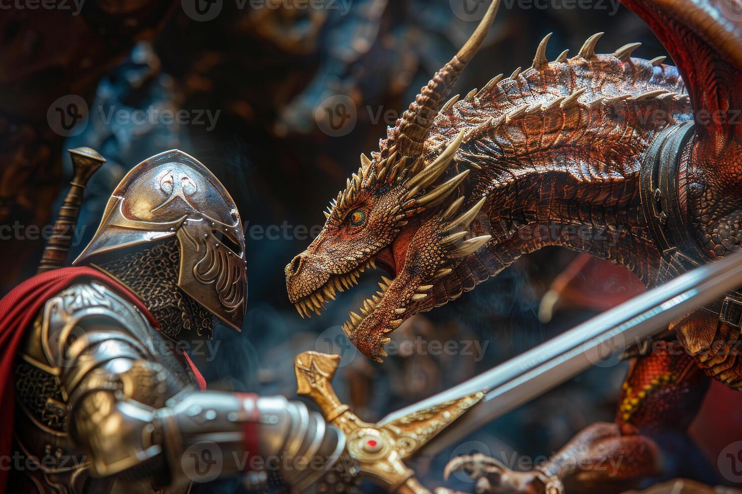 A knight is fighting a dragon with a sword photo