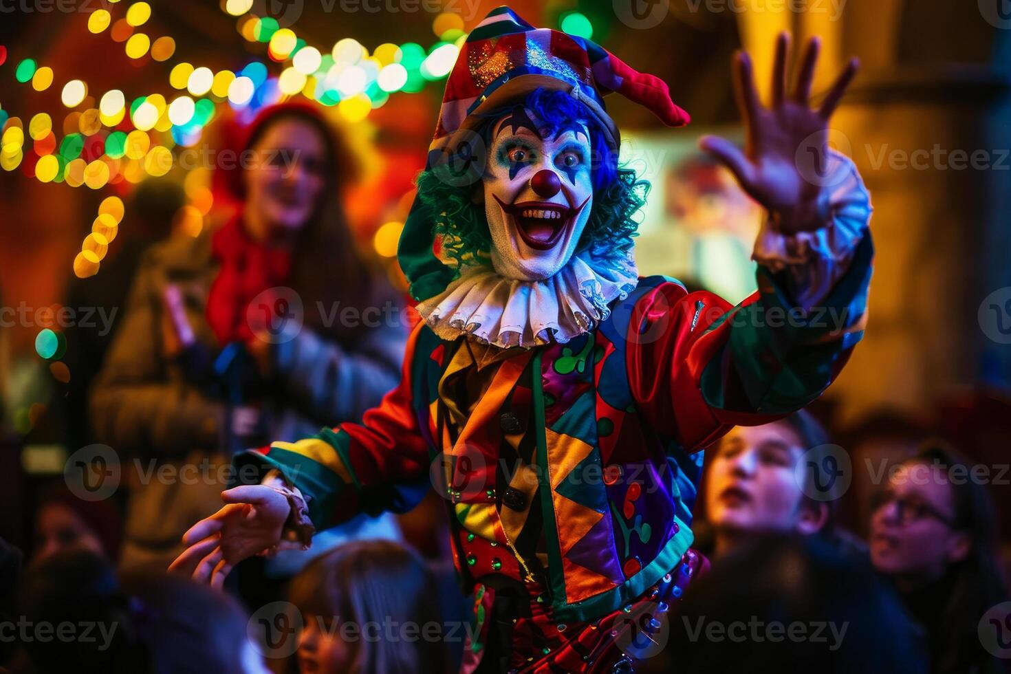 A clown is waving to the crowd at a party photo