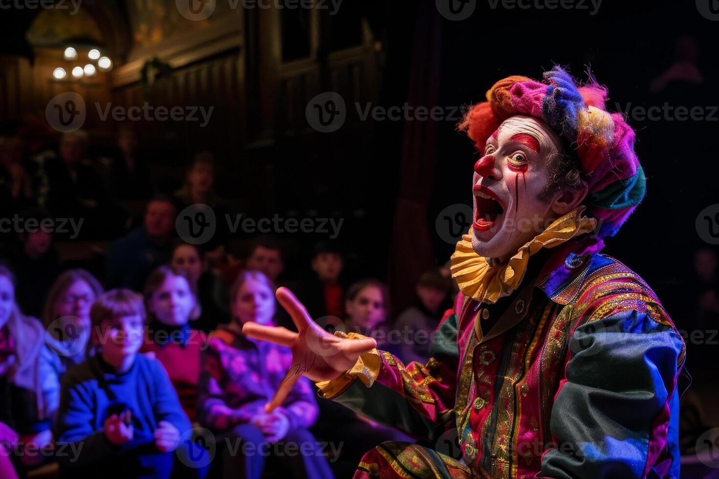 A clown is performing in front of an audience photo