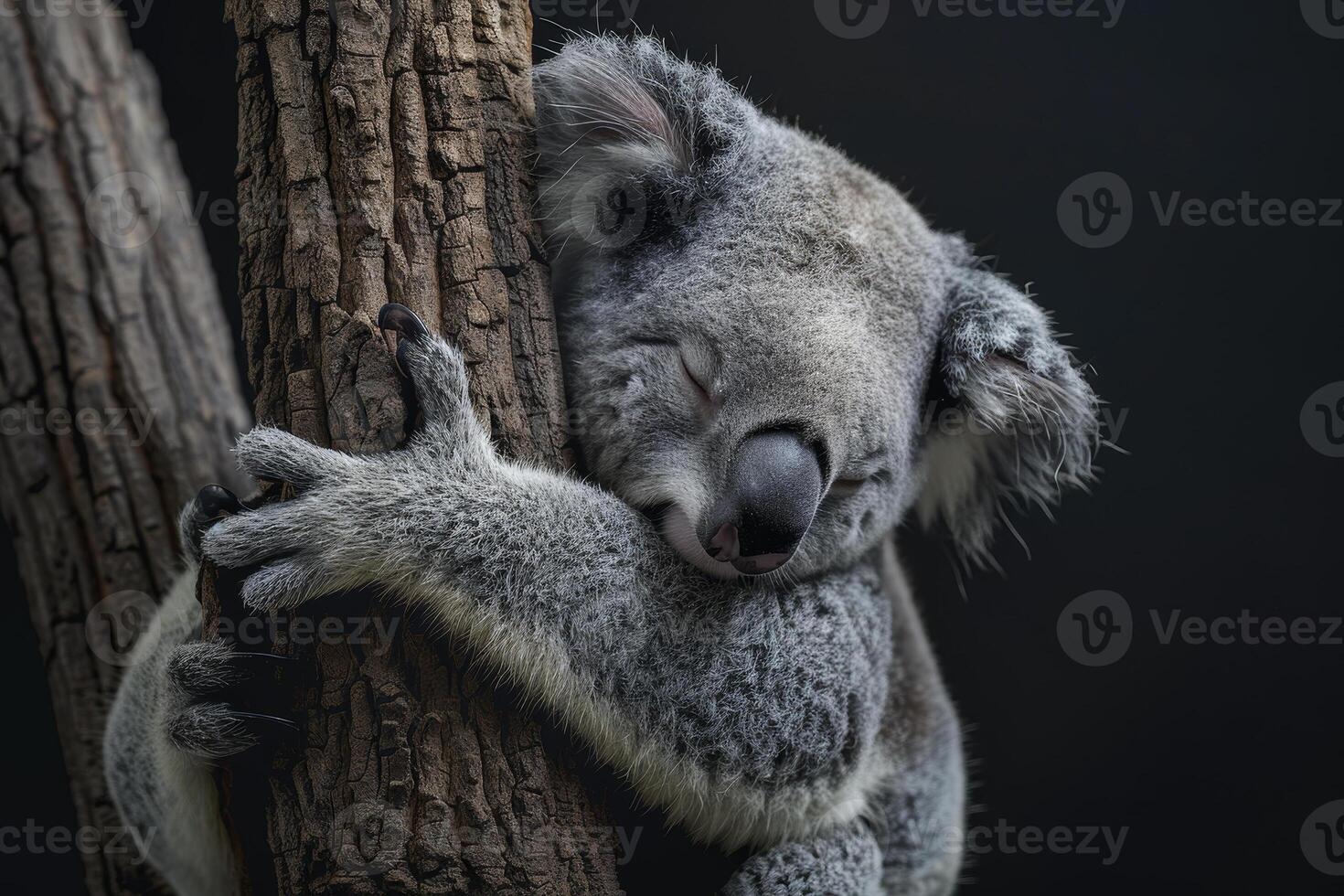 A koala bear is sleeping on a tree photo