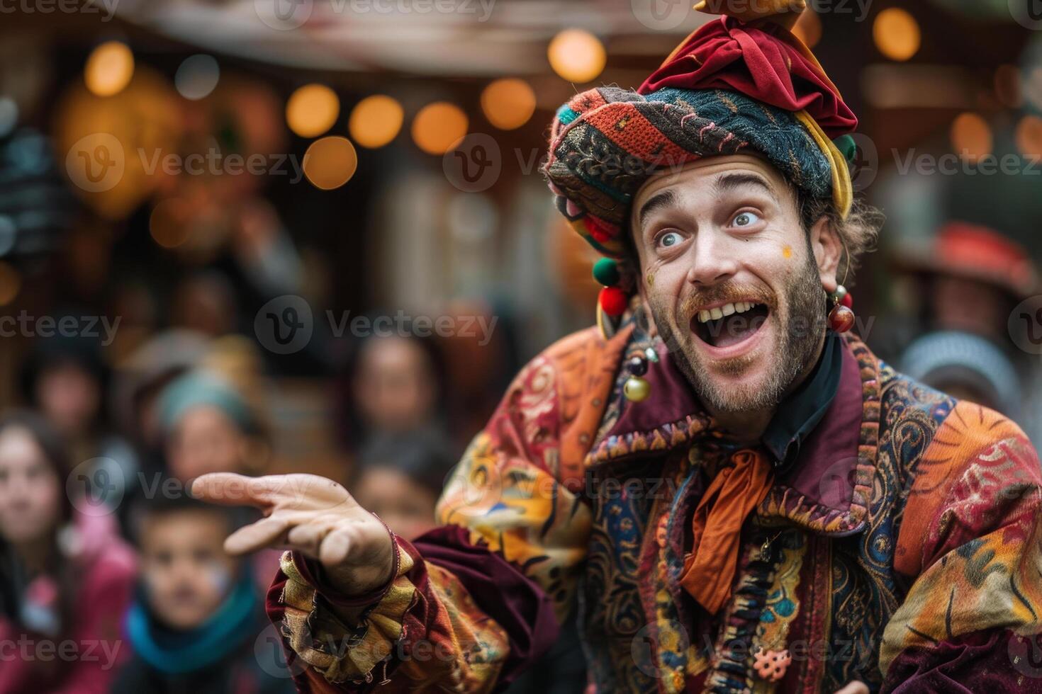A man in a colorful costume is smiling and pointing at something photo
