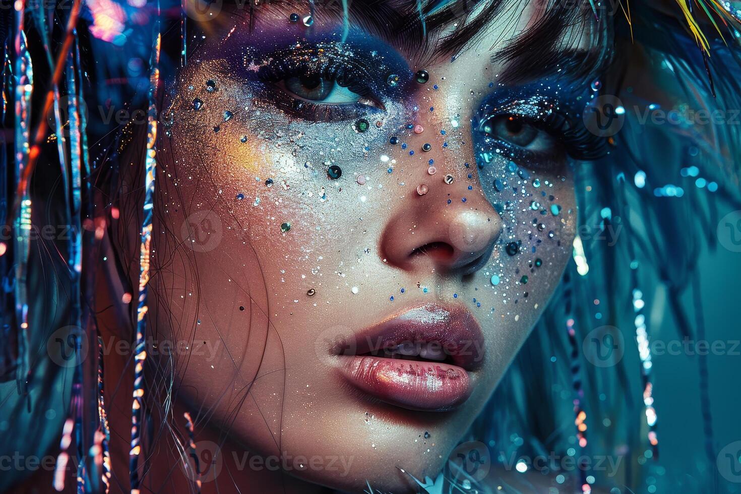 A woman with glitter on her face and hair photo