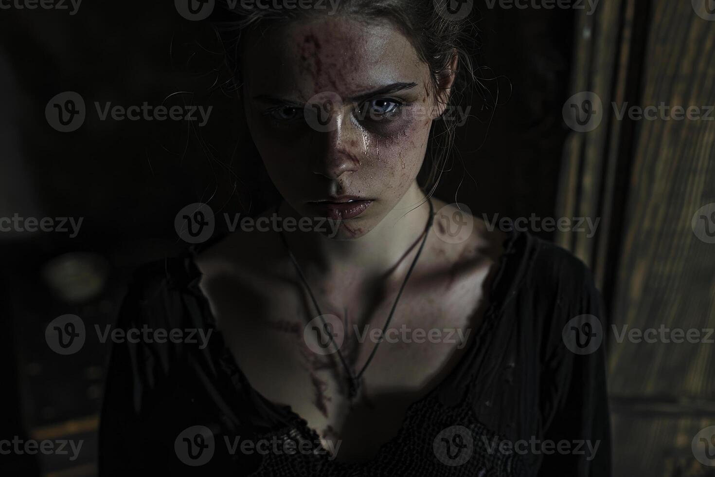A woman with blood on her face standing in a dark room photo