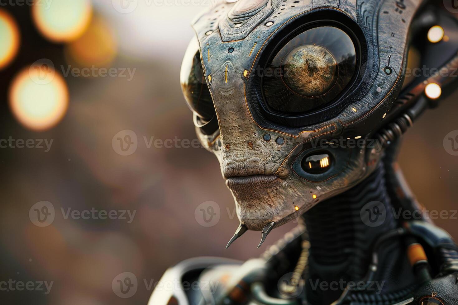An alien robot with big eyes and a big head photo