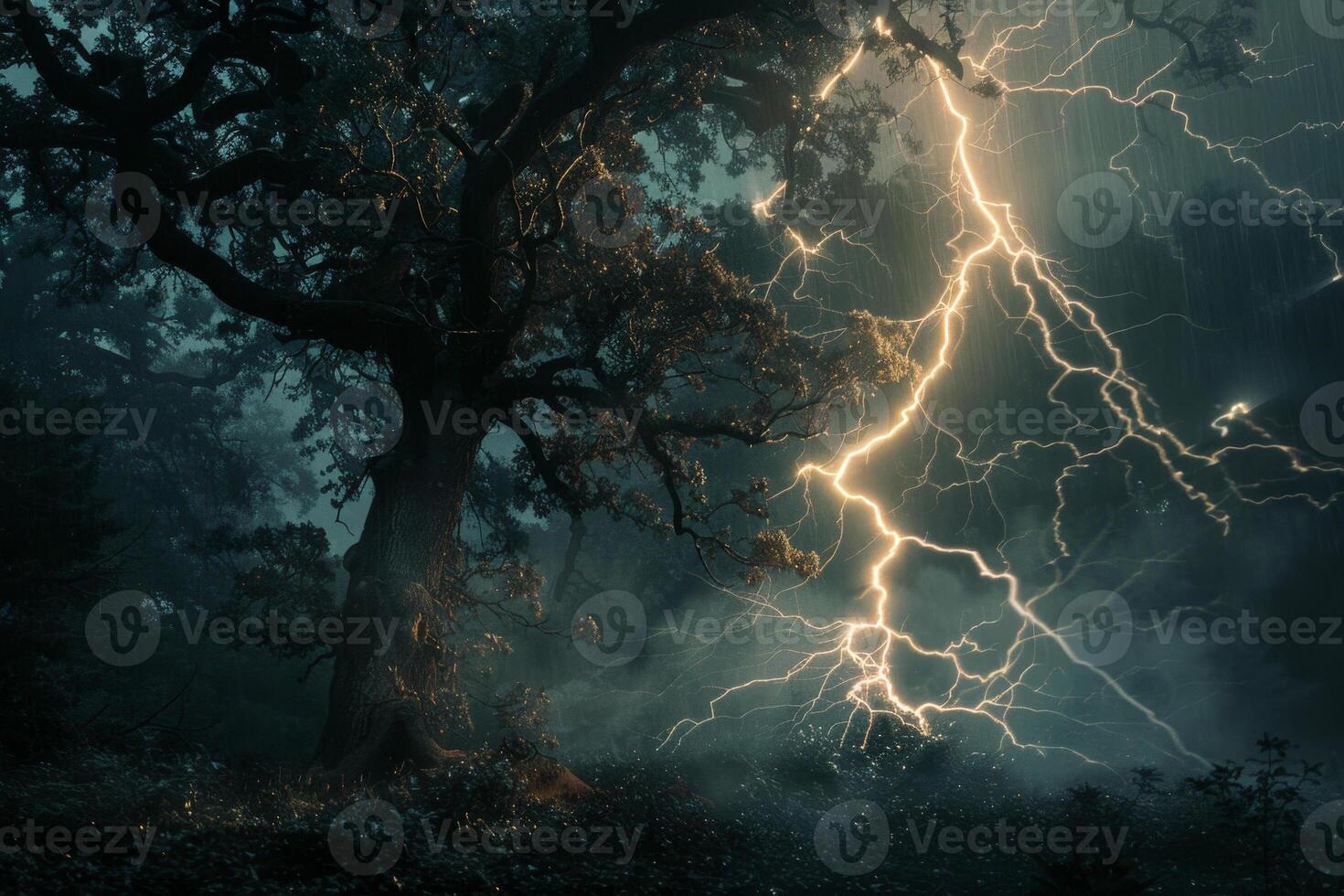 Lightning strikes through a tree in the dark forest photo