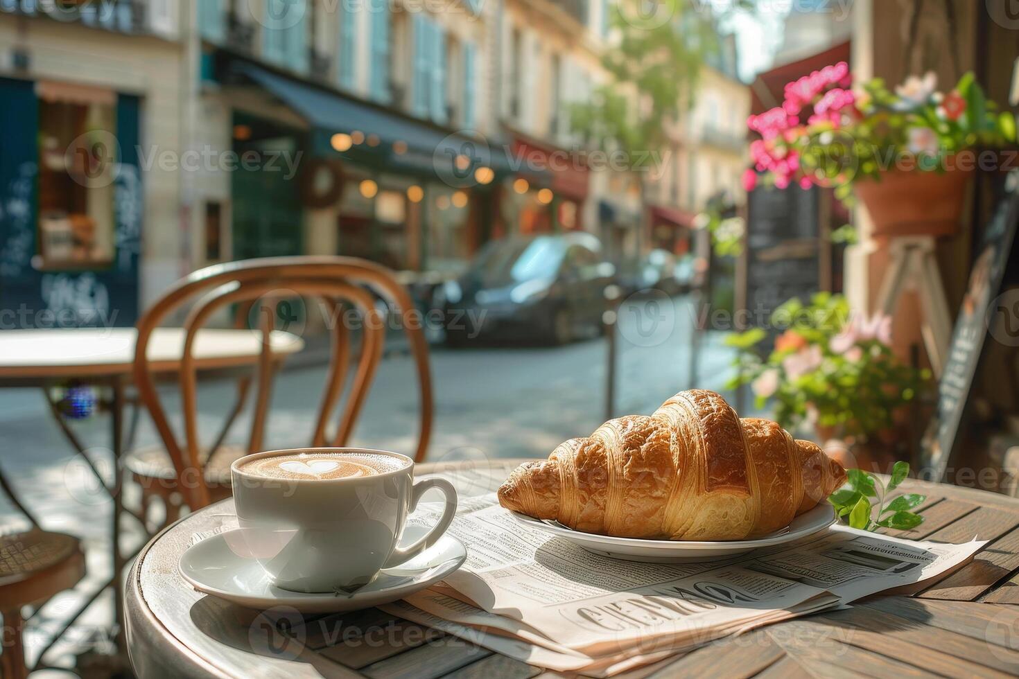A croissant and coffee on a table in paris photo