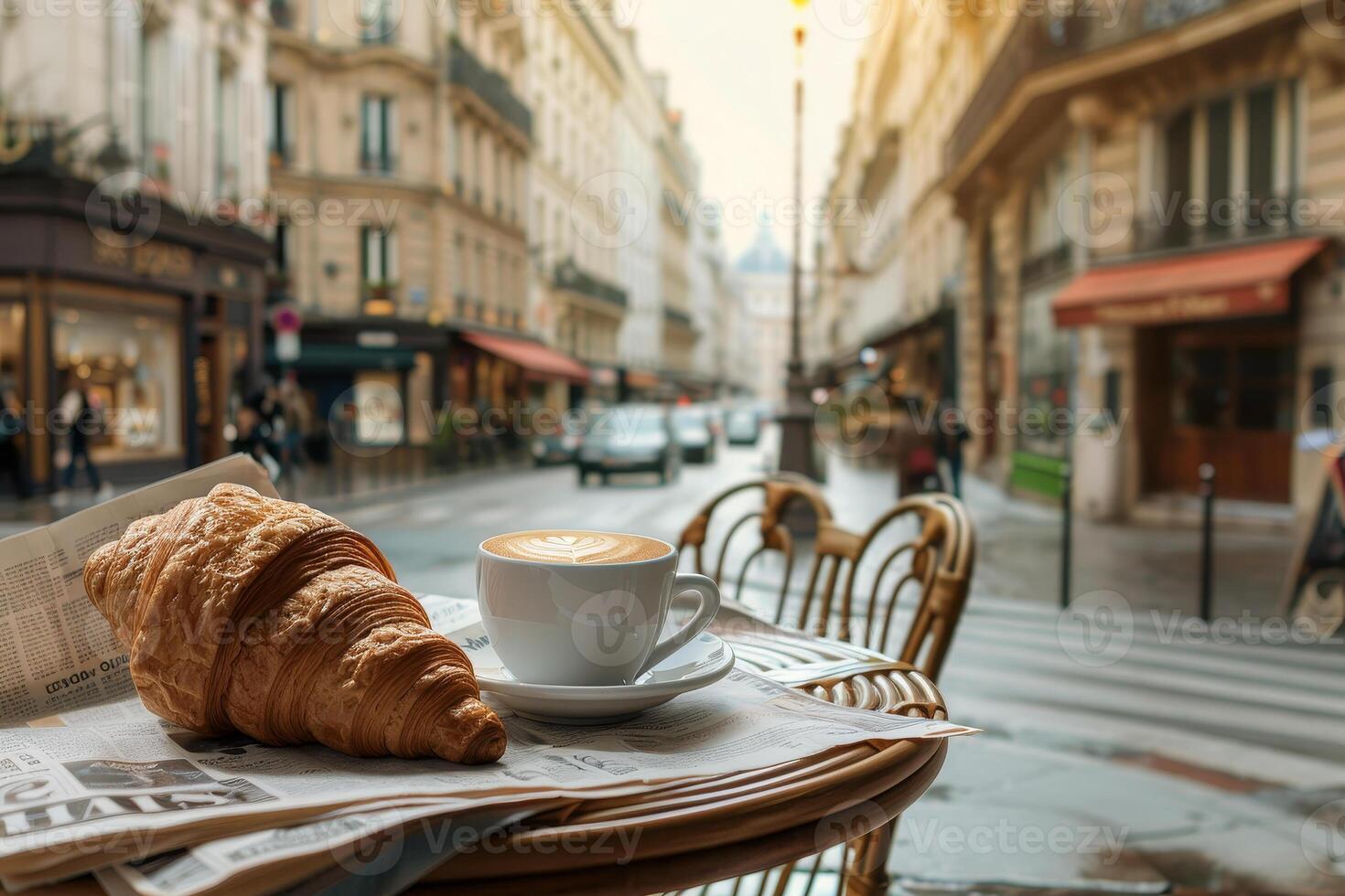 A croissant and coffee on a table in a paris street photo