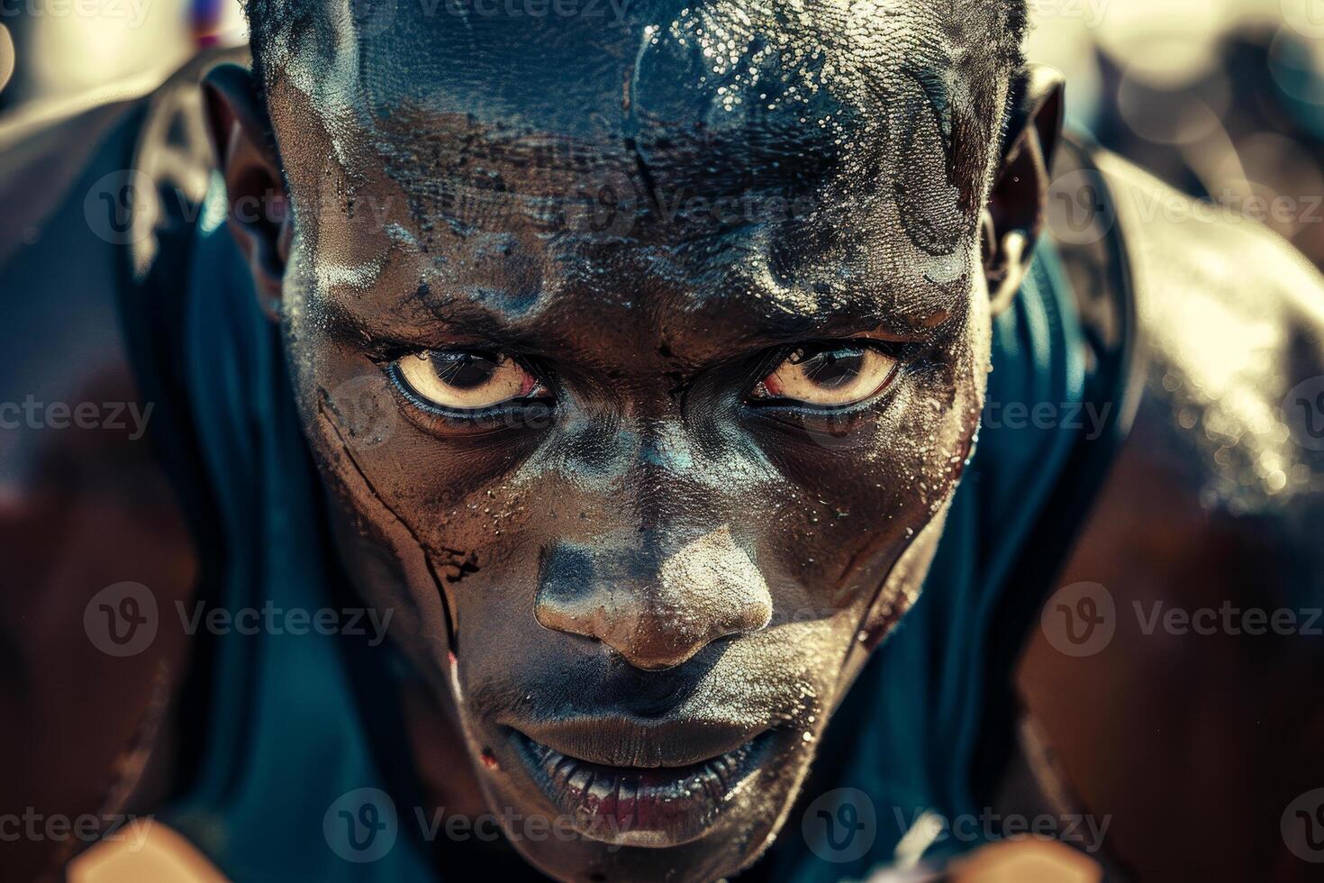A close up of a man with a face full of sweat photo