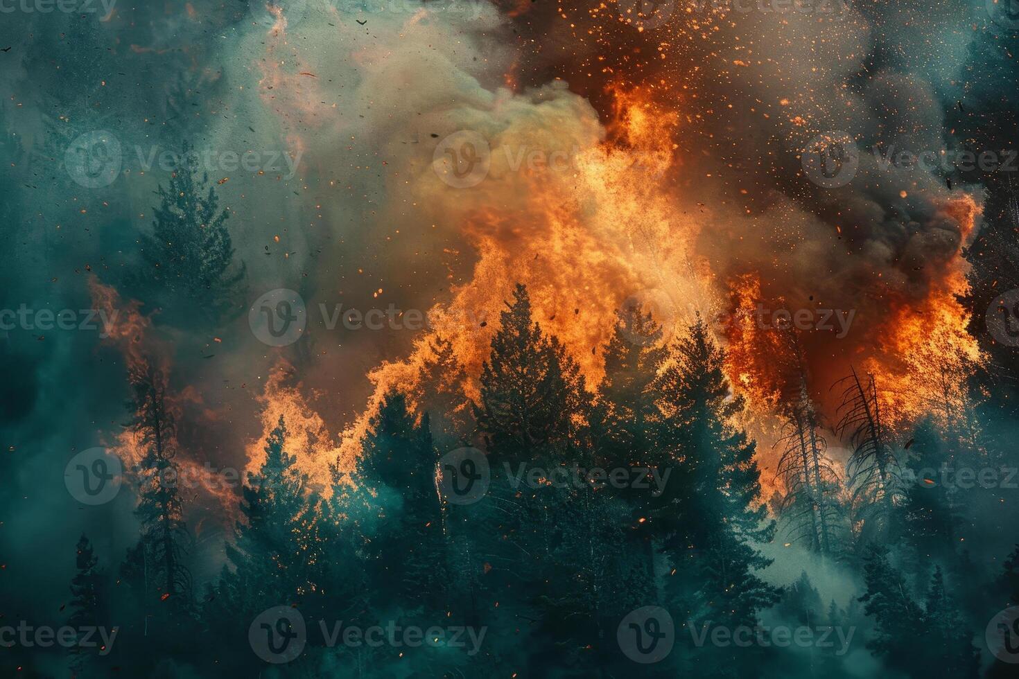 A forest fire is burning in the middle of a forest photo