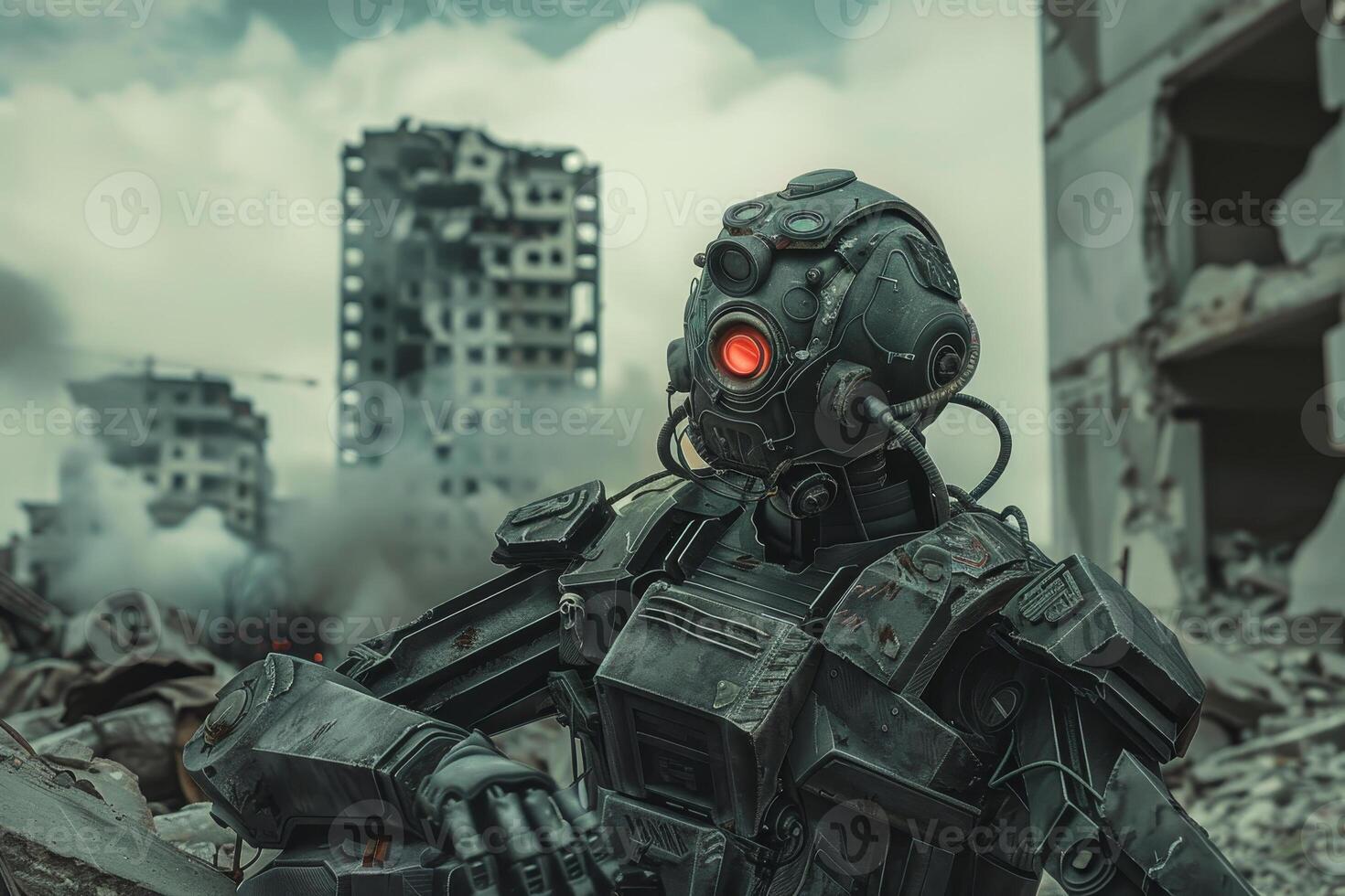 A robot stands in front of a destroyed building photo