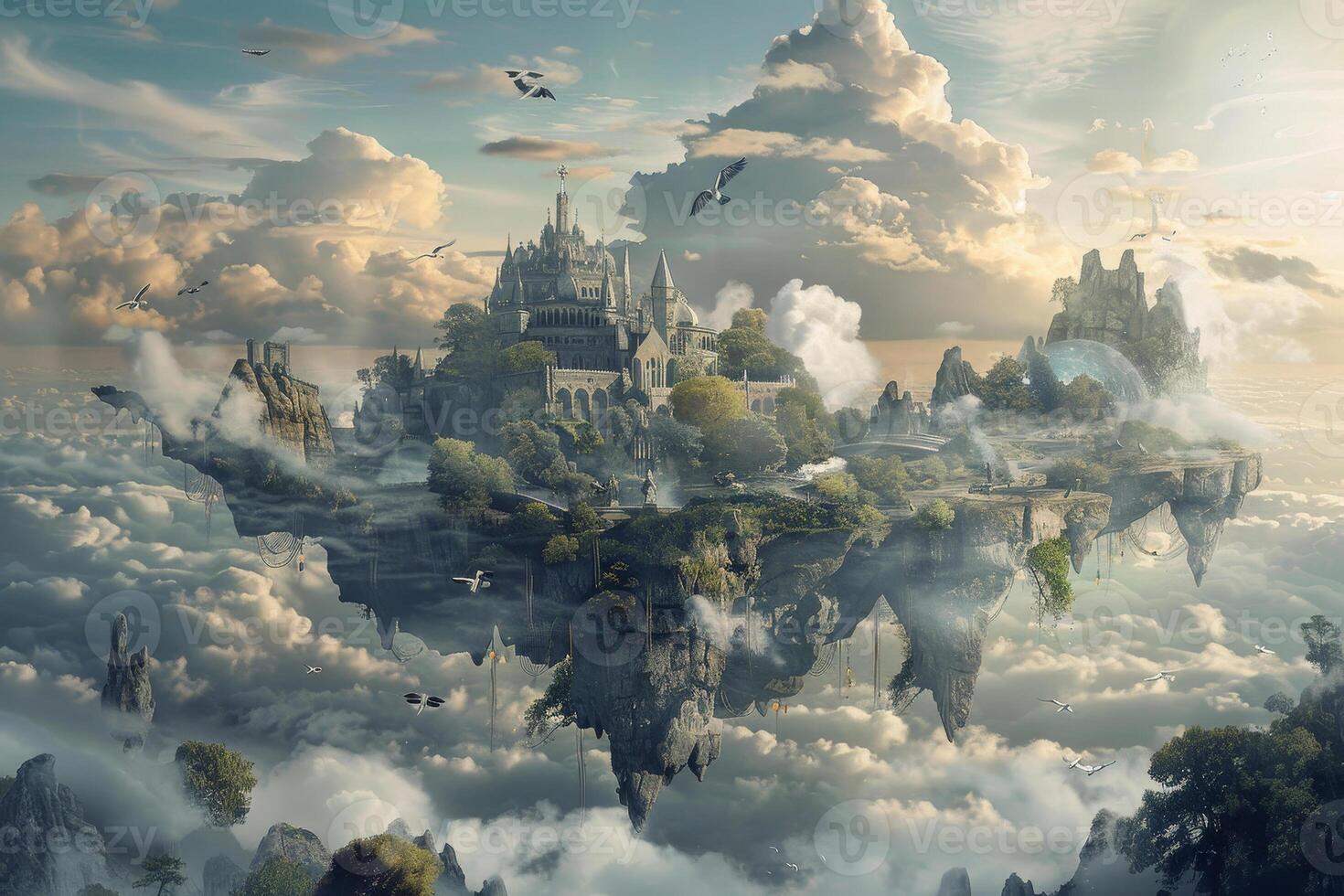 An island floating in the clouds with a castle on top photo