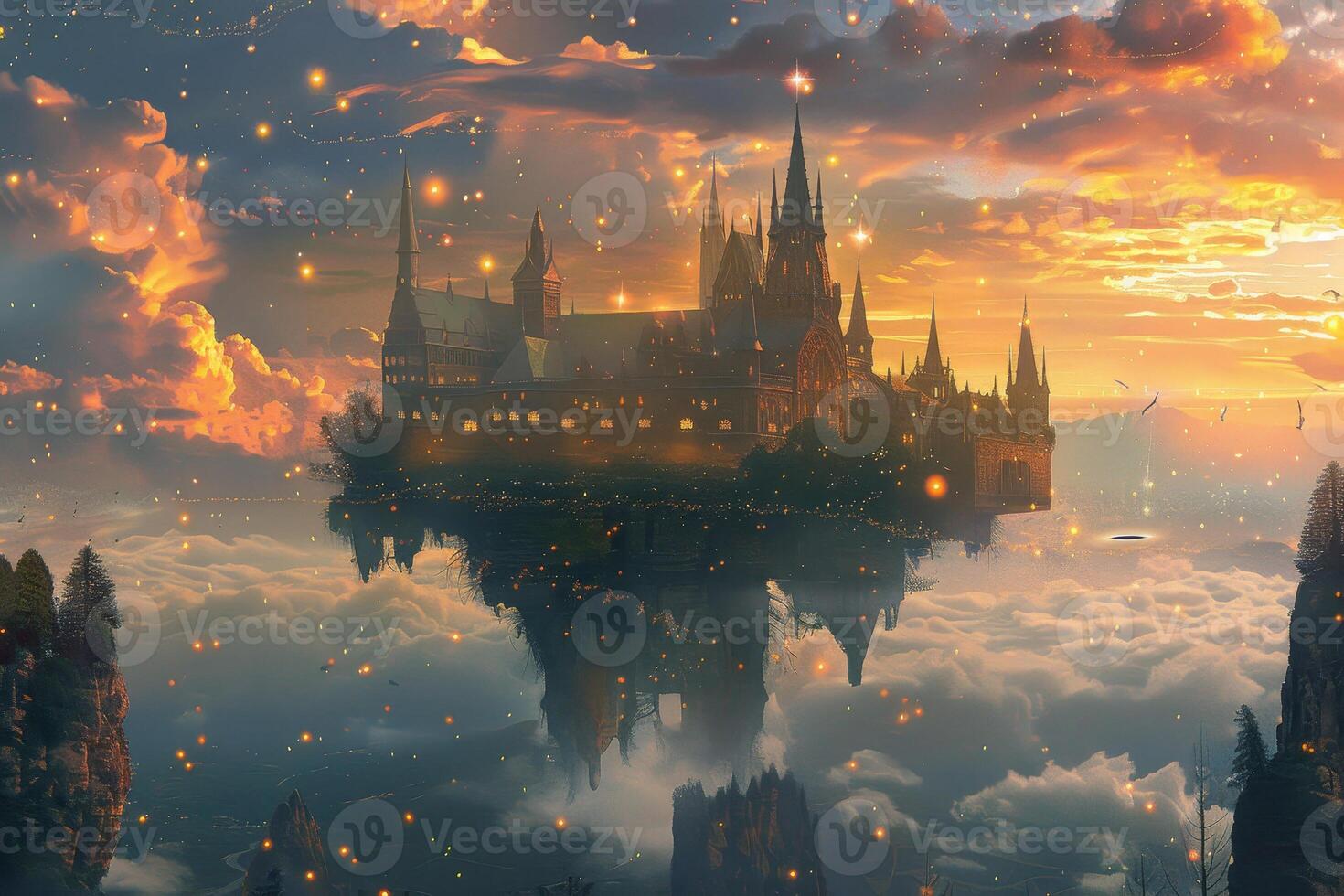The castle is surrounded by clouds and fireflies photo