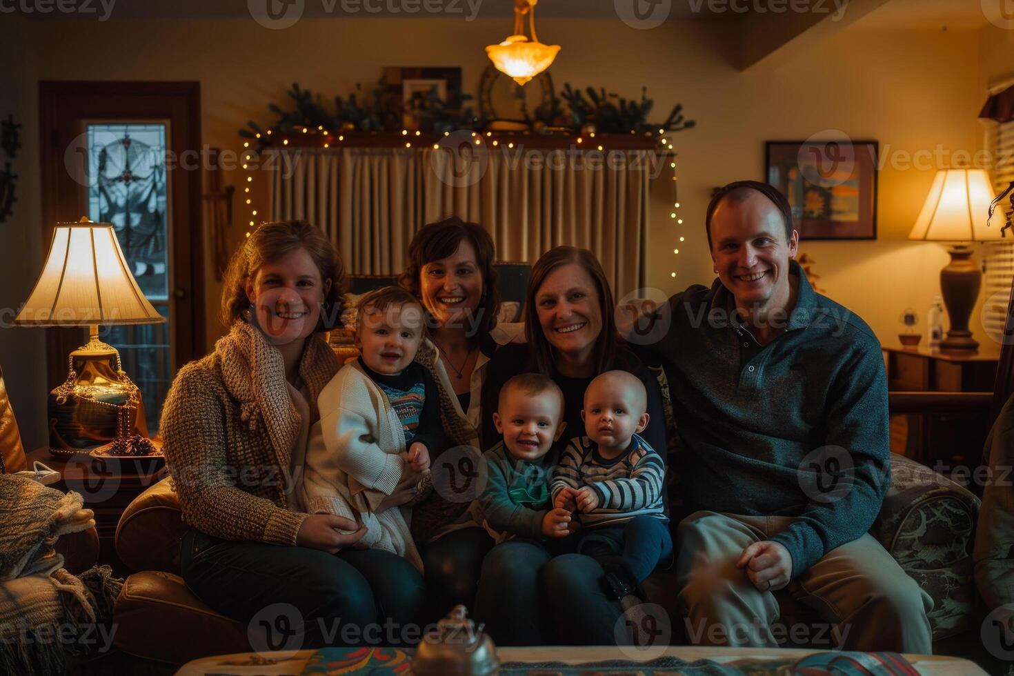 A family sitting on a couch in front of christmas lights photo