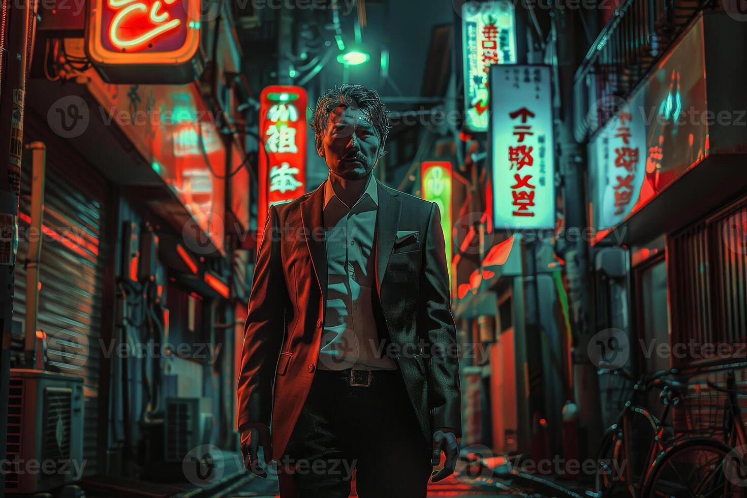 A man in a suit stands in an alleyway photo