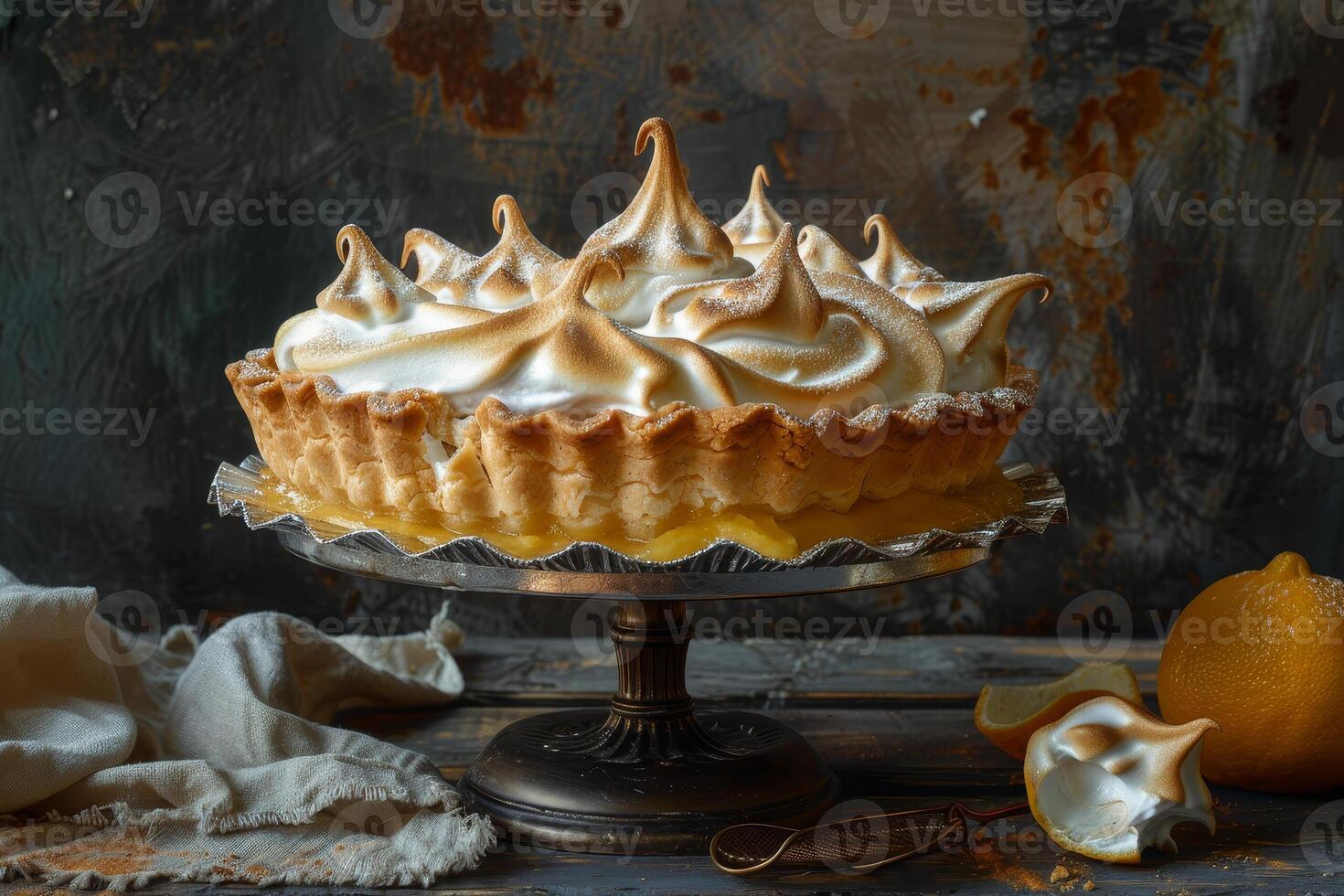 A lemon meringue pie on a cake stand photo
