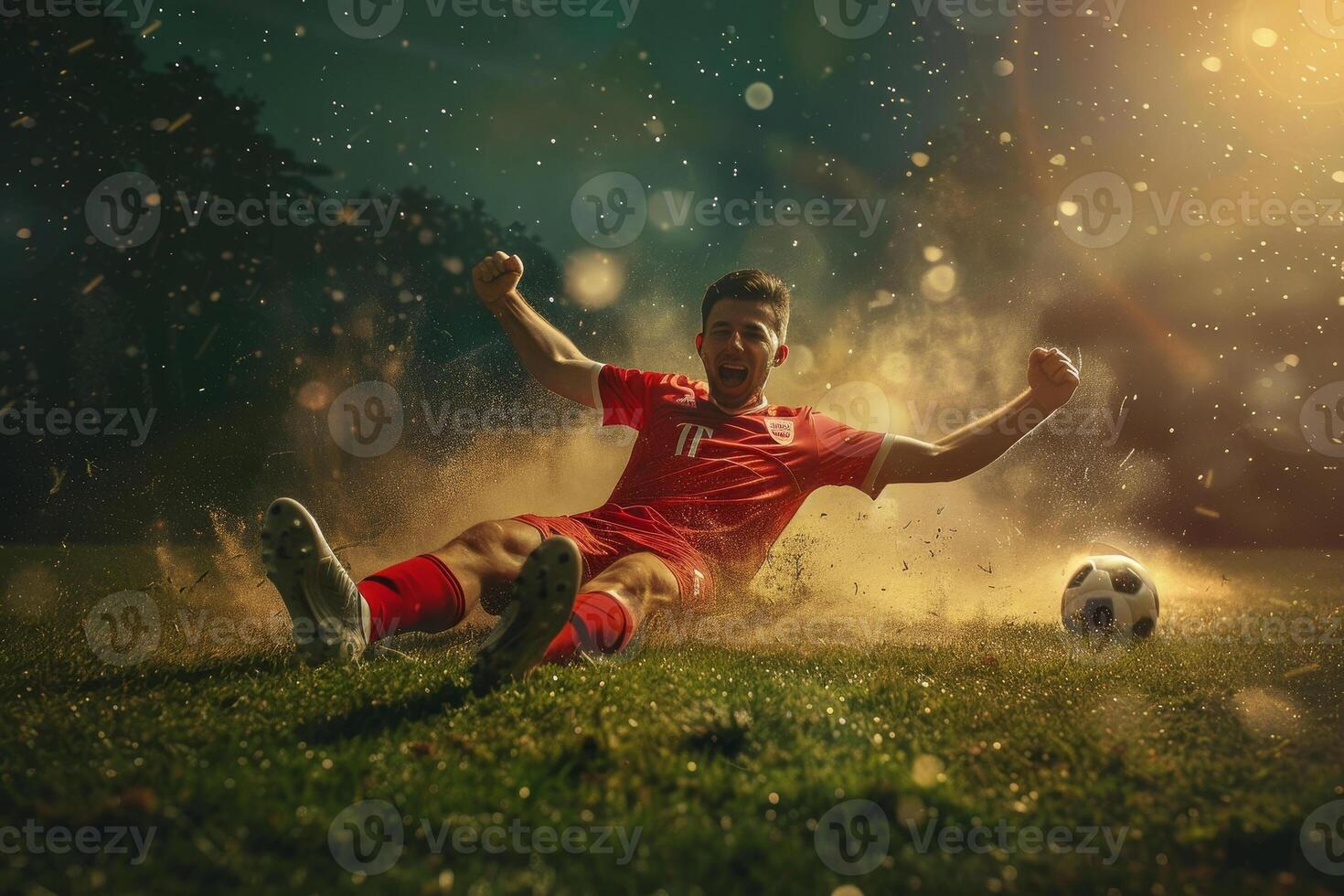 Soccer player kicking the ball in the air photo