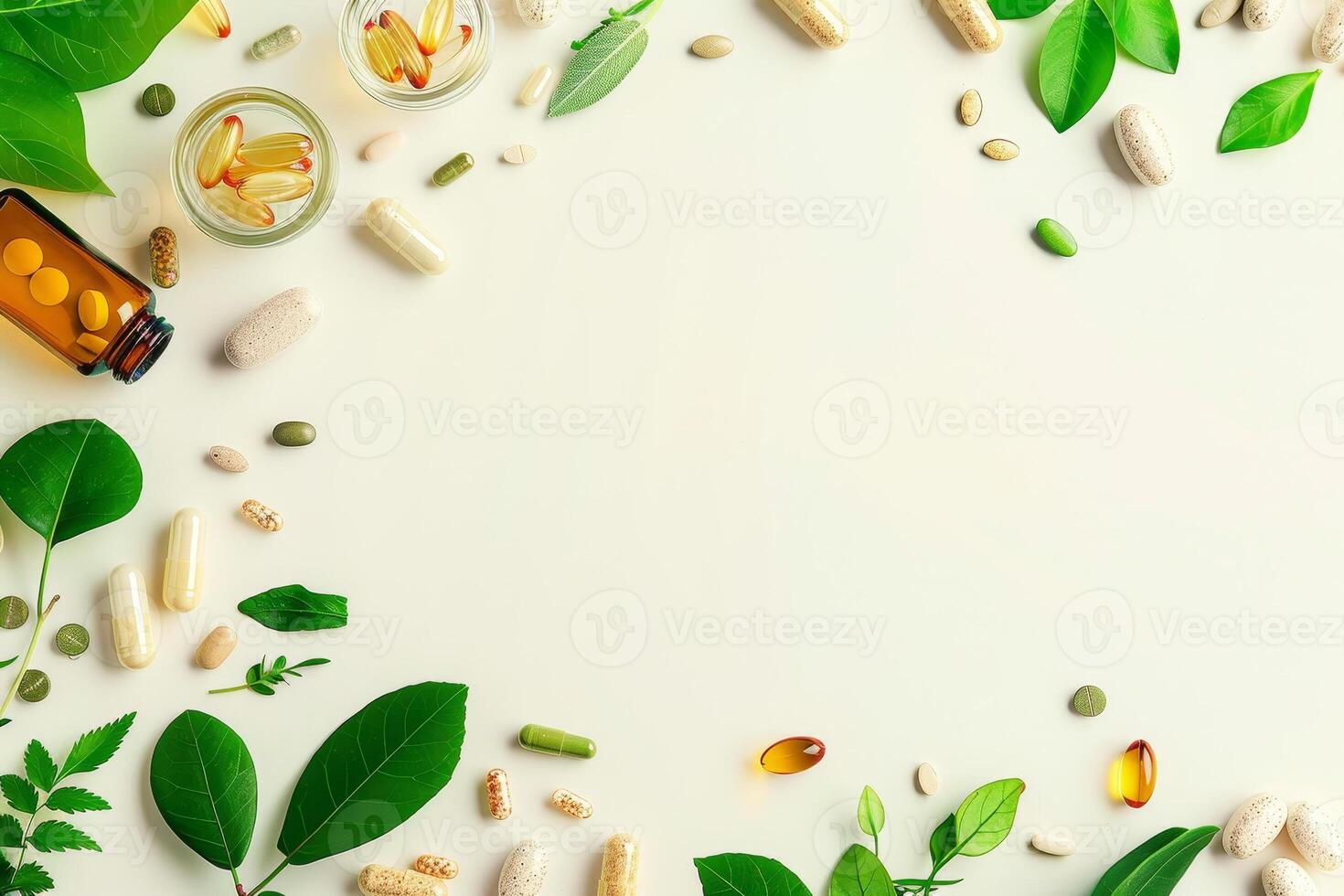 A variety of vitamins and supplements are arranged around a white background photo