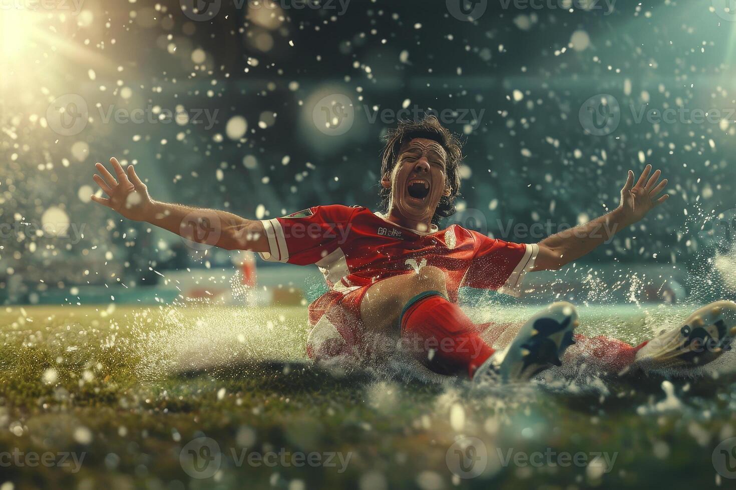 Soccer player celebrating in the rain photo