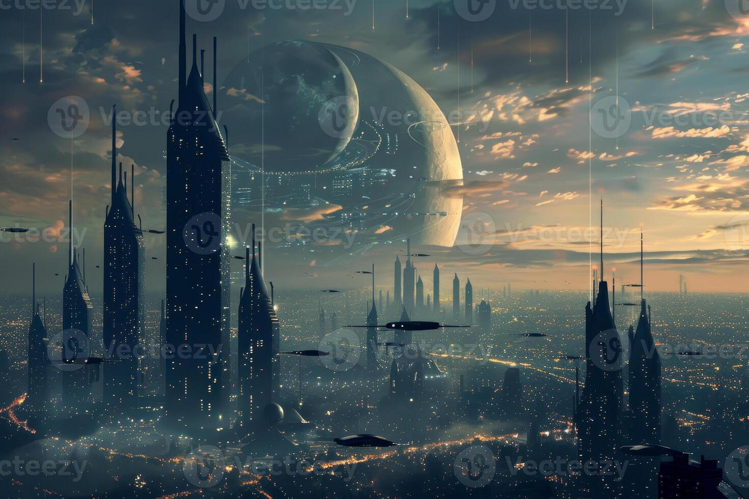 An image of a futuristic city with a spaceship in the sky photo