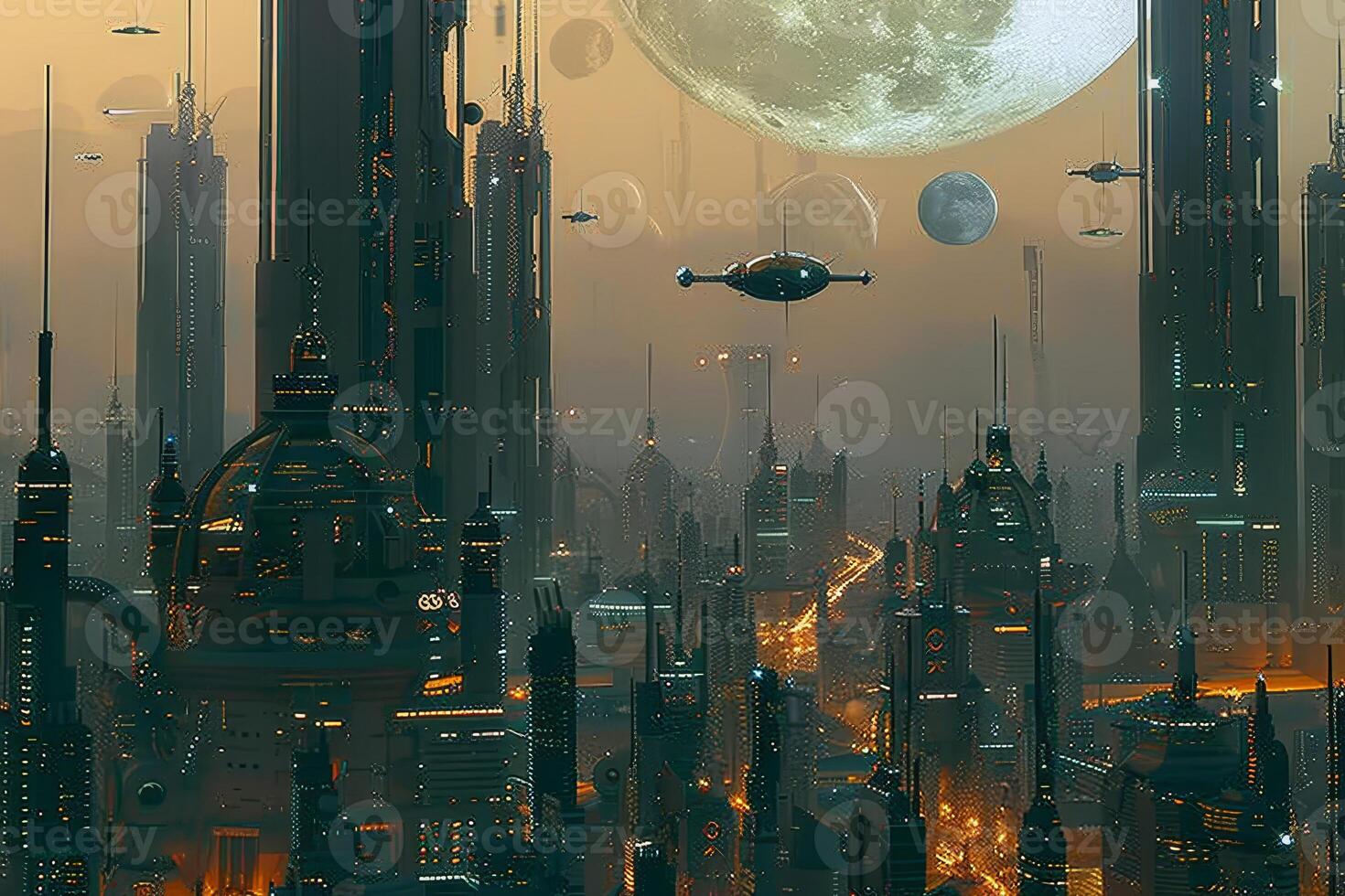 An alien city with lots of buildings and space ships photo