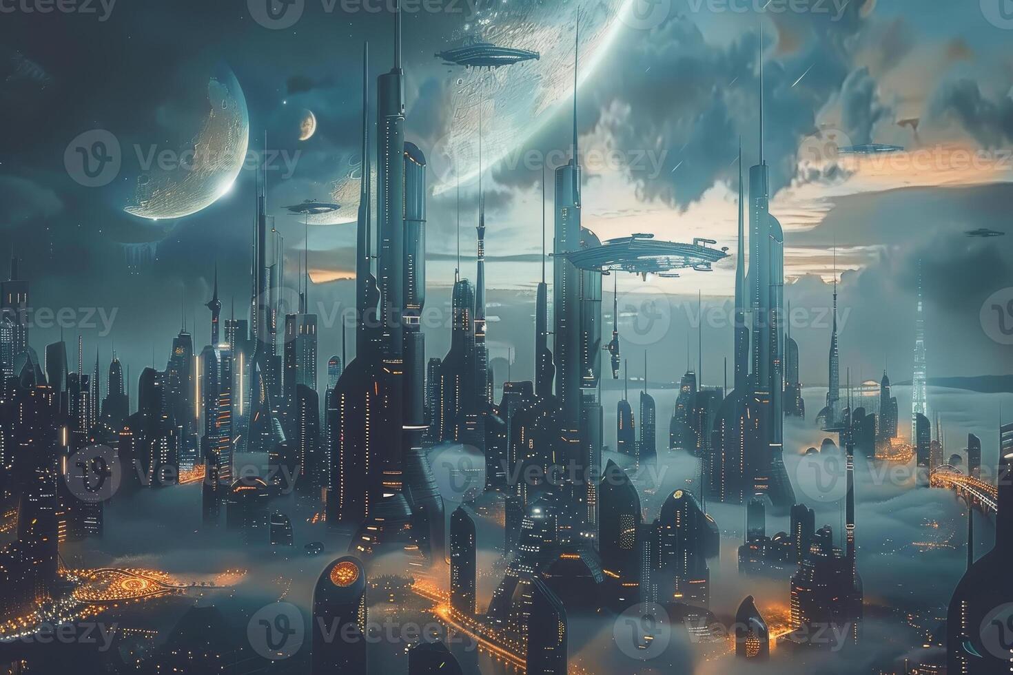 An alien city with a moon in the sky photo
