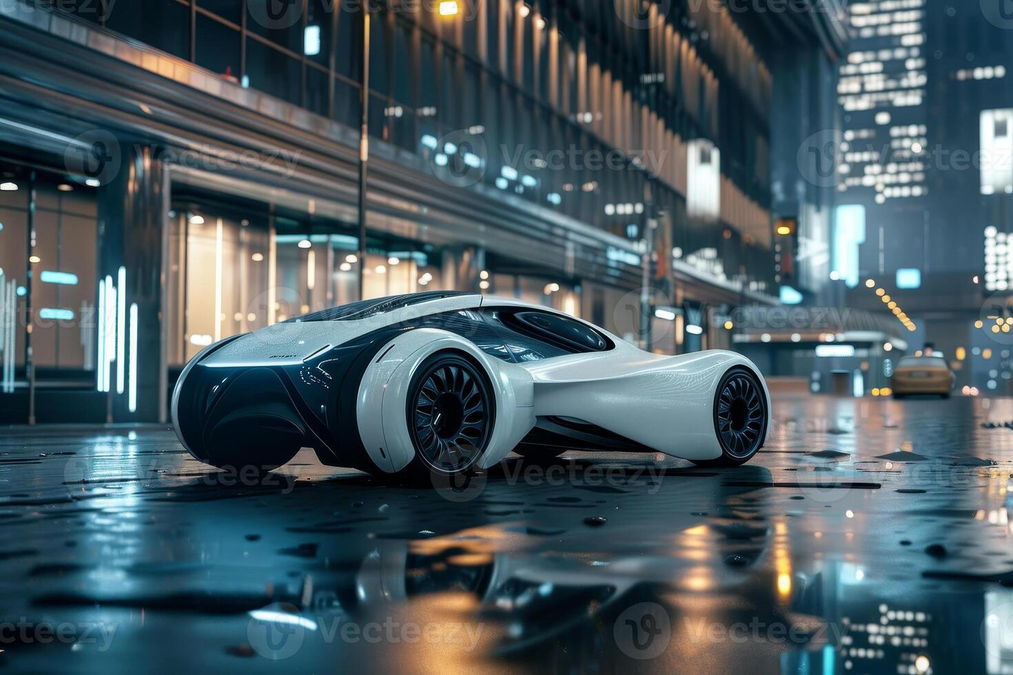 A futuristic car is parked on a wet street photo