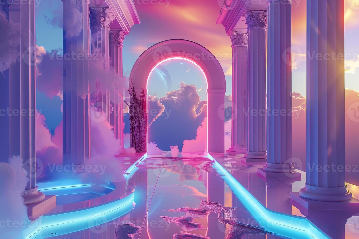 A colorful archway with neon lights in the sky photo