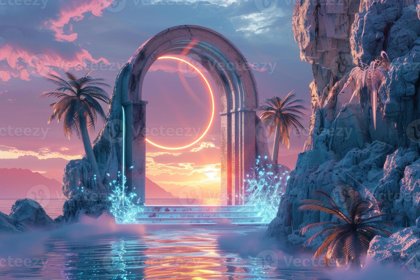 A fantasy scene with a gate in the water and palm trees photo
