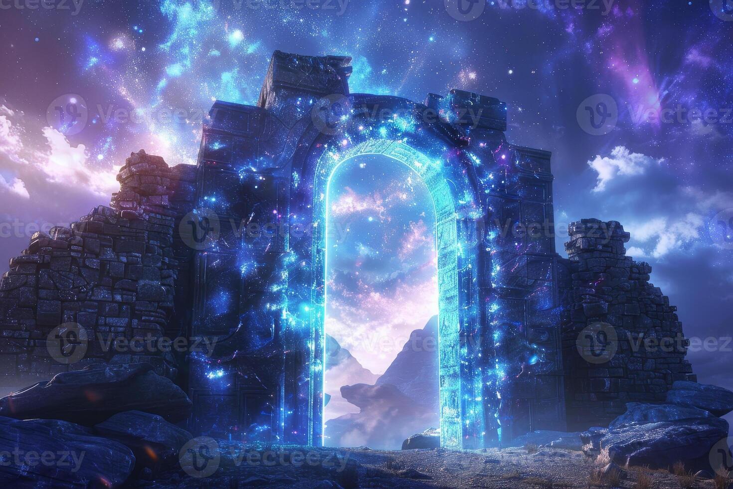 An image of a stone arch with a blue sky and stars photo