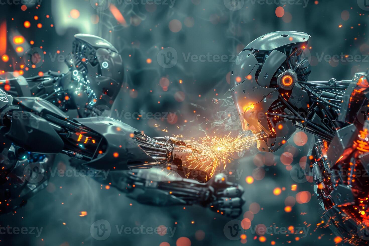 Two robots fighting with fire in the background photo