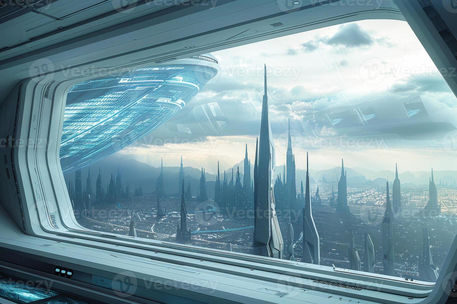 A futuristic city view from inside a spaceship photo