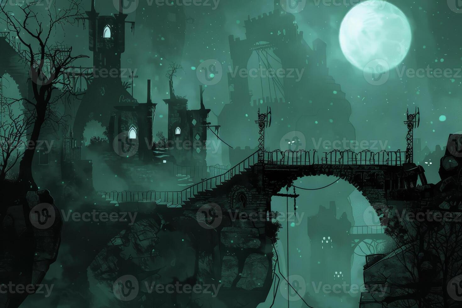 A dark fantasy city with a bridge and trees photo