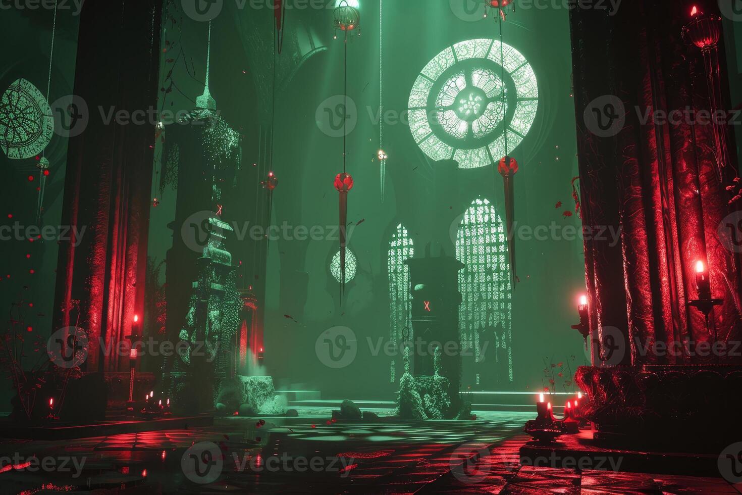 The dark room is filled with red lights photo